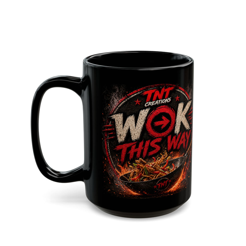 TNT Creations Logo Black Mug — 11oz/15oz Coffee Cup with Rustic Gold Emblem
