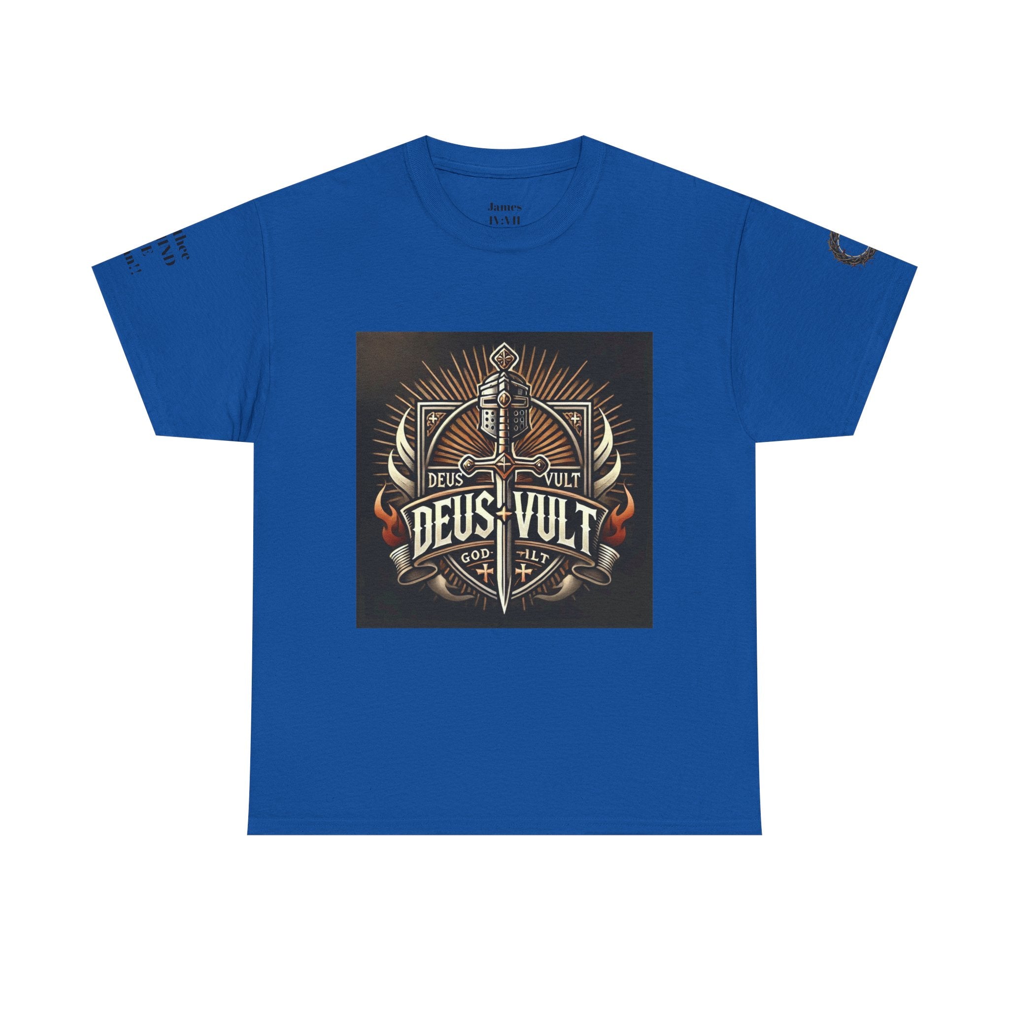 Deus Vult Sword T‑Shirt — Crusader Vintage Shield Design