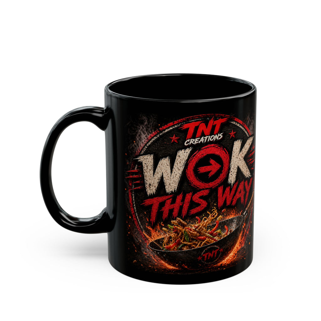 TNT Creations Logo Black Mug — 11oz/15oz Coffee Cup with Rustic Gold Emblem