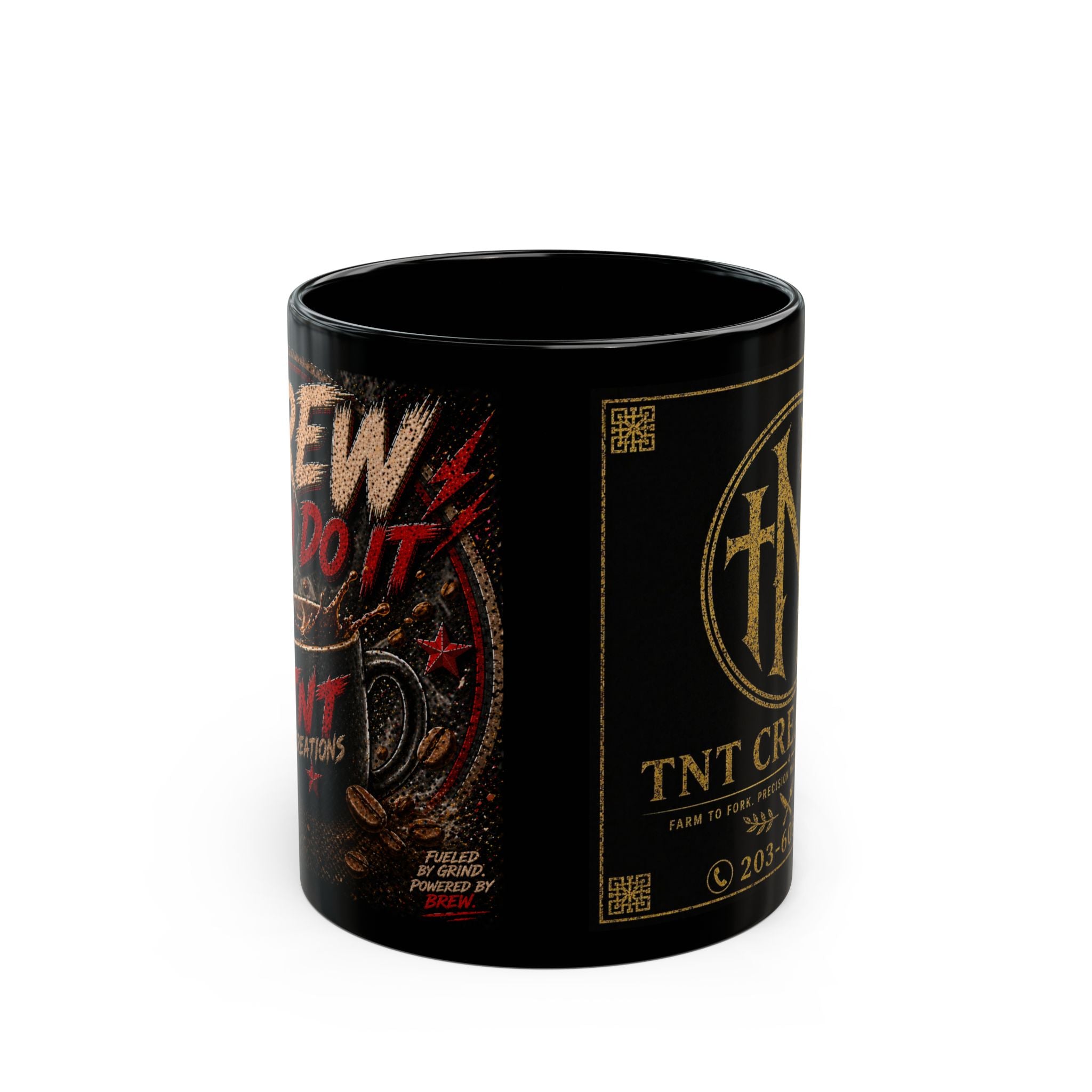 TNT Creations Black Coffee Mug — Gold Logo 11oz/15oz