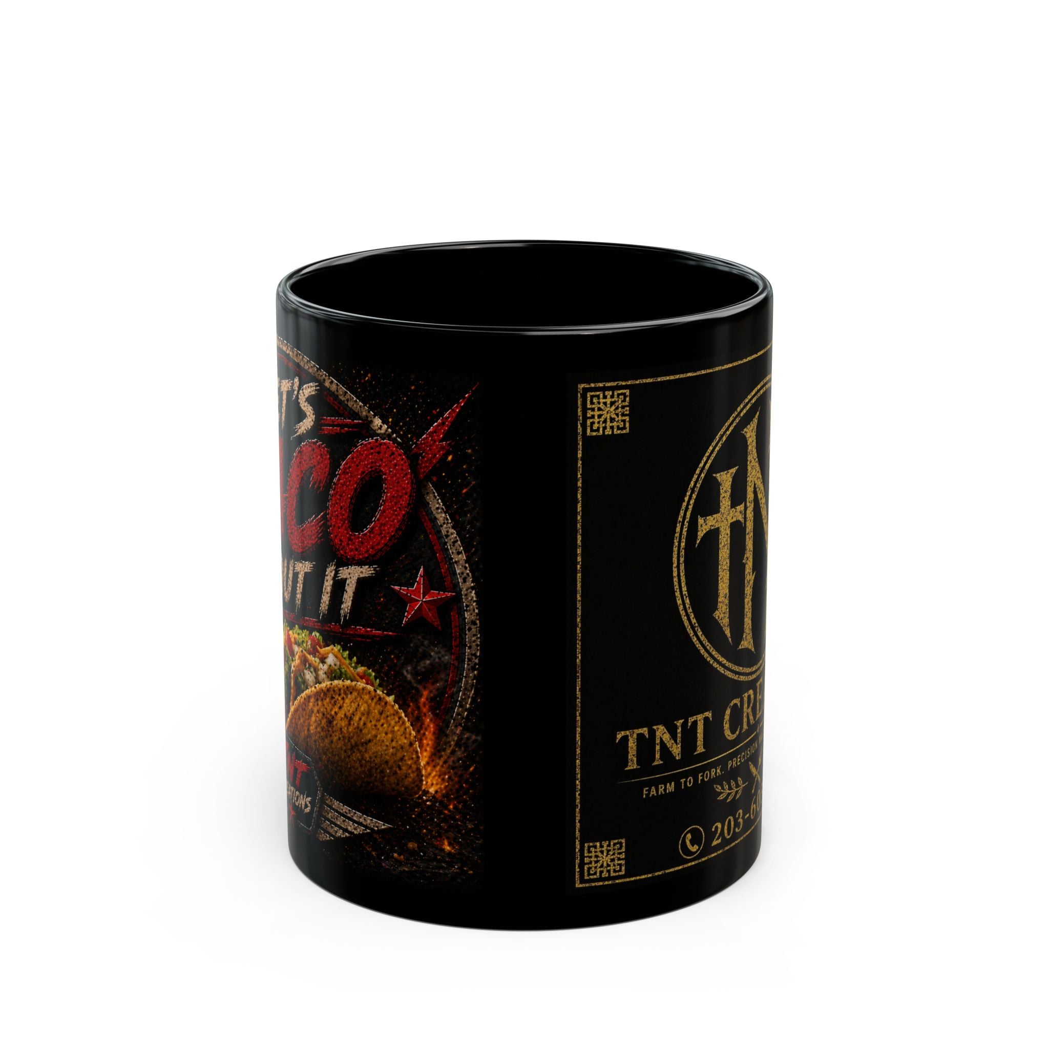 TNT Creations Logo Black Coffee Mug (11oz & 15oz) — Gold Emblem Ceramic Gift