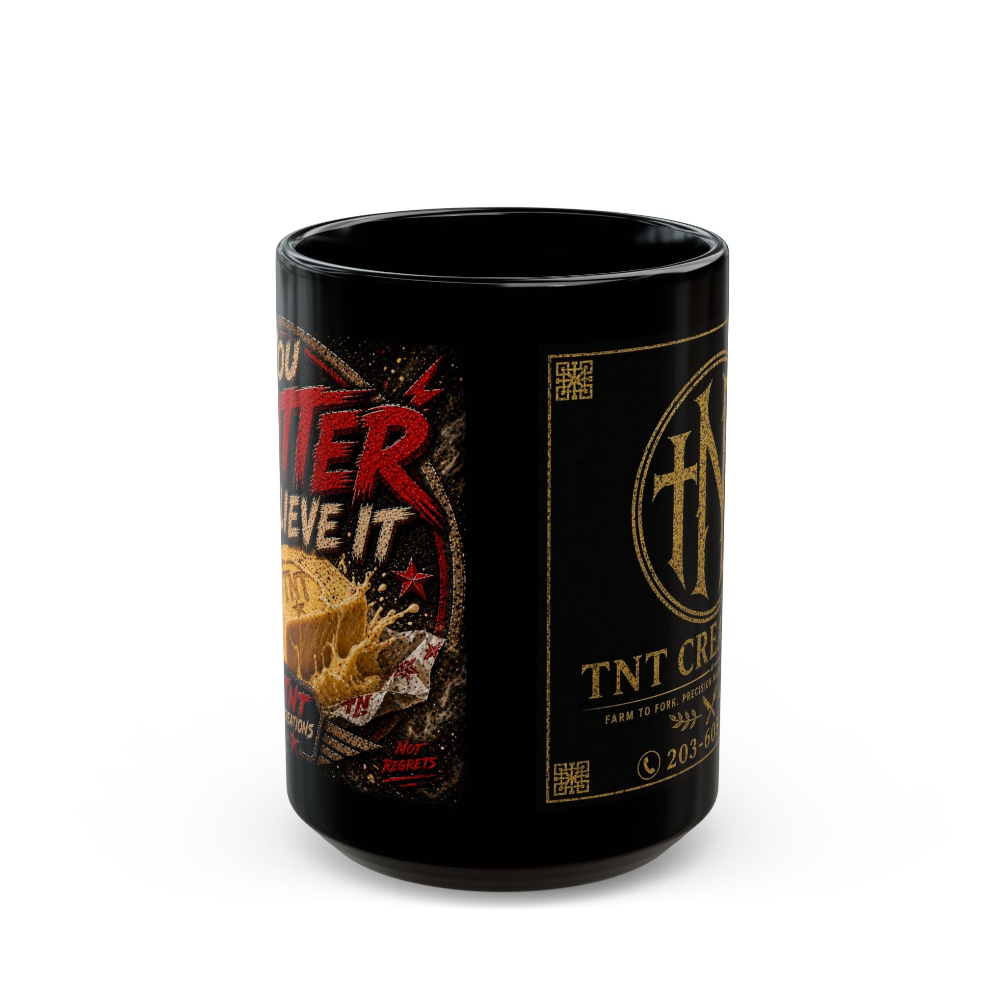 TNT Creations Gold Logo Black Mug — 11oz/15oz Ceramic Coffee Cup