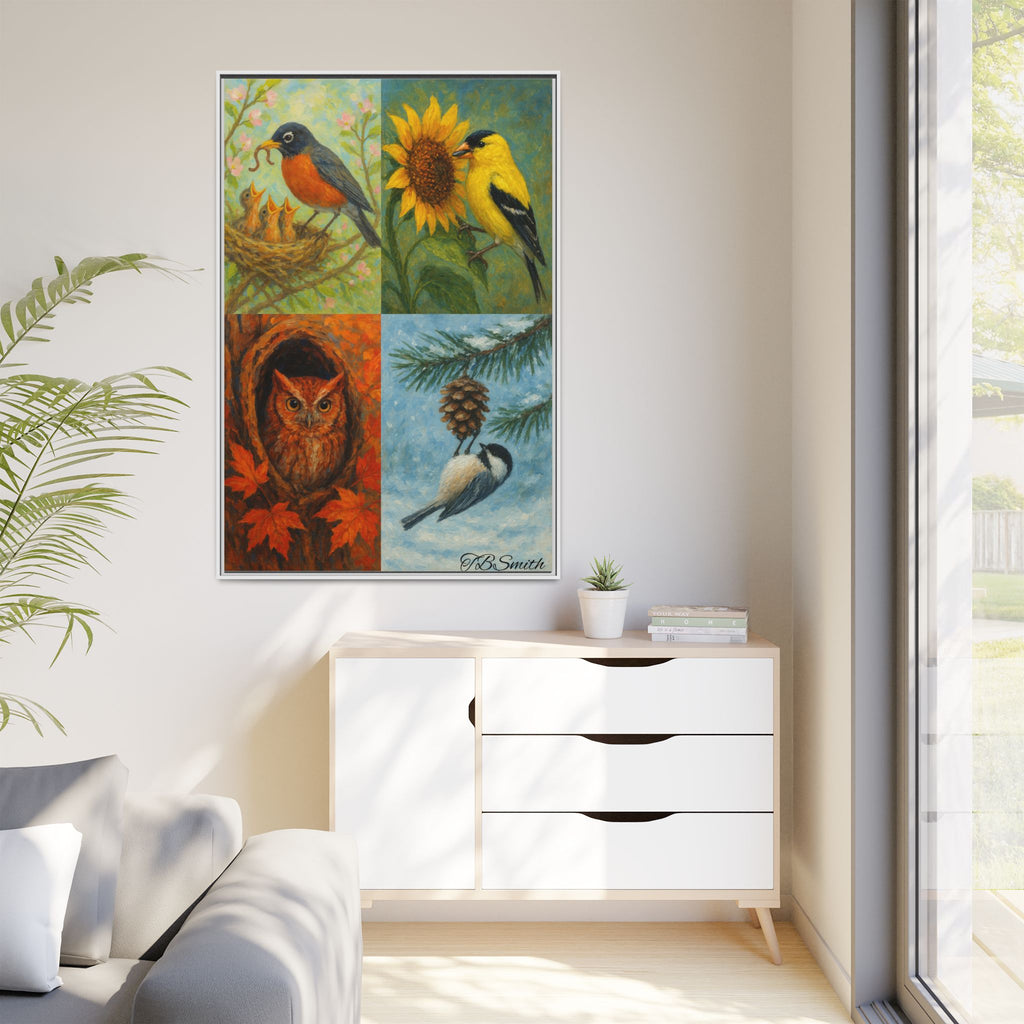 Framed Bird Trio Matte Canvas Art – Spring & Autumn Songbirds