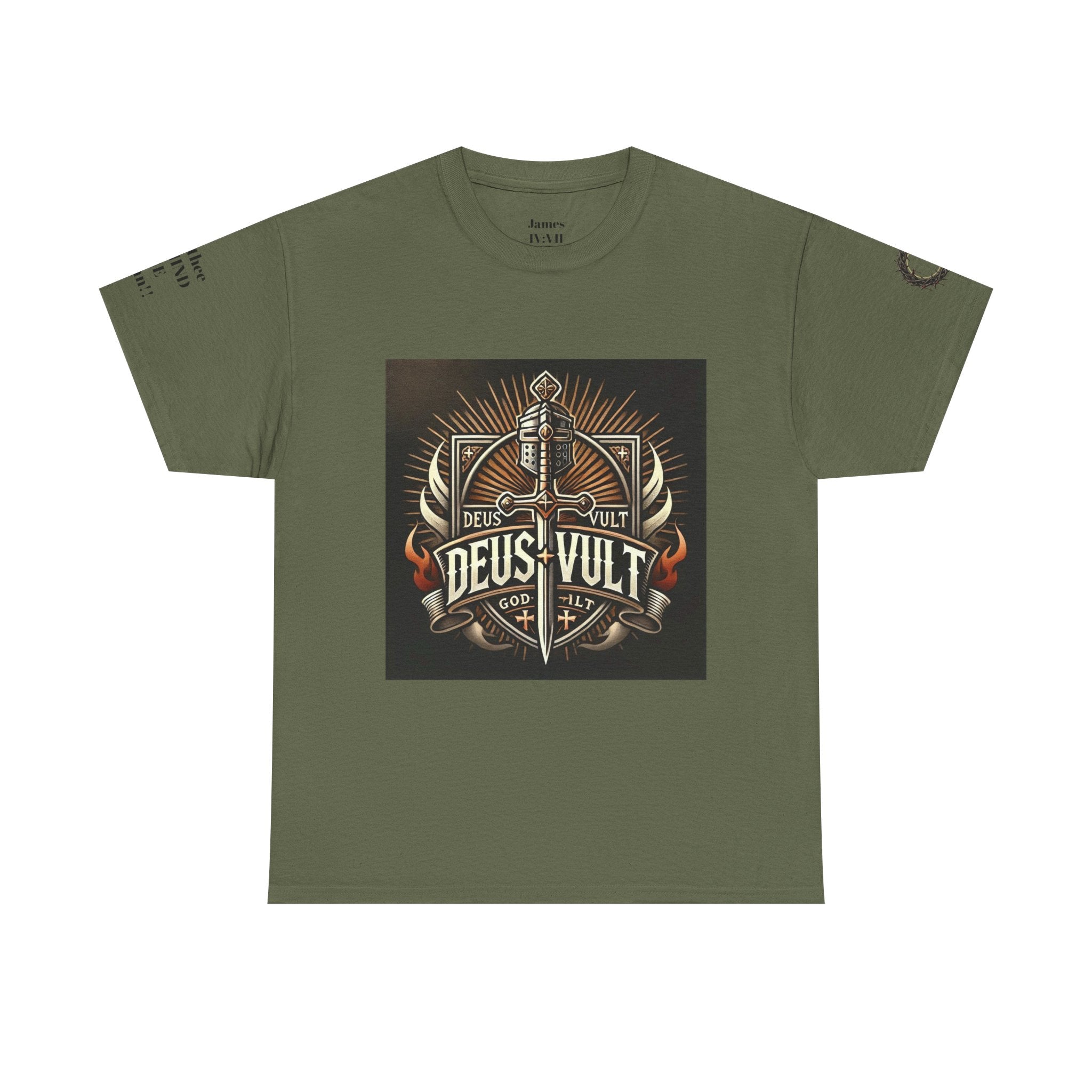 Deus Vult Sword T‑Shirt — Crusader Vintage Shield Design