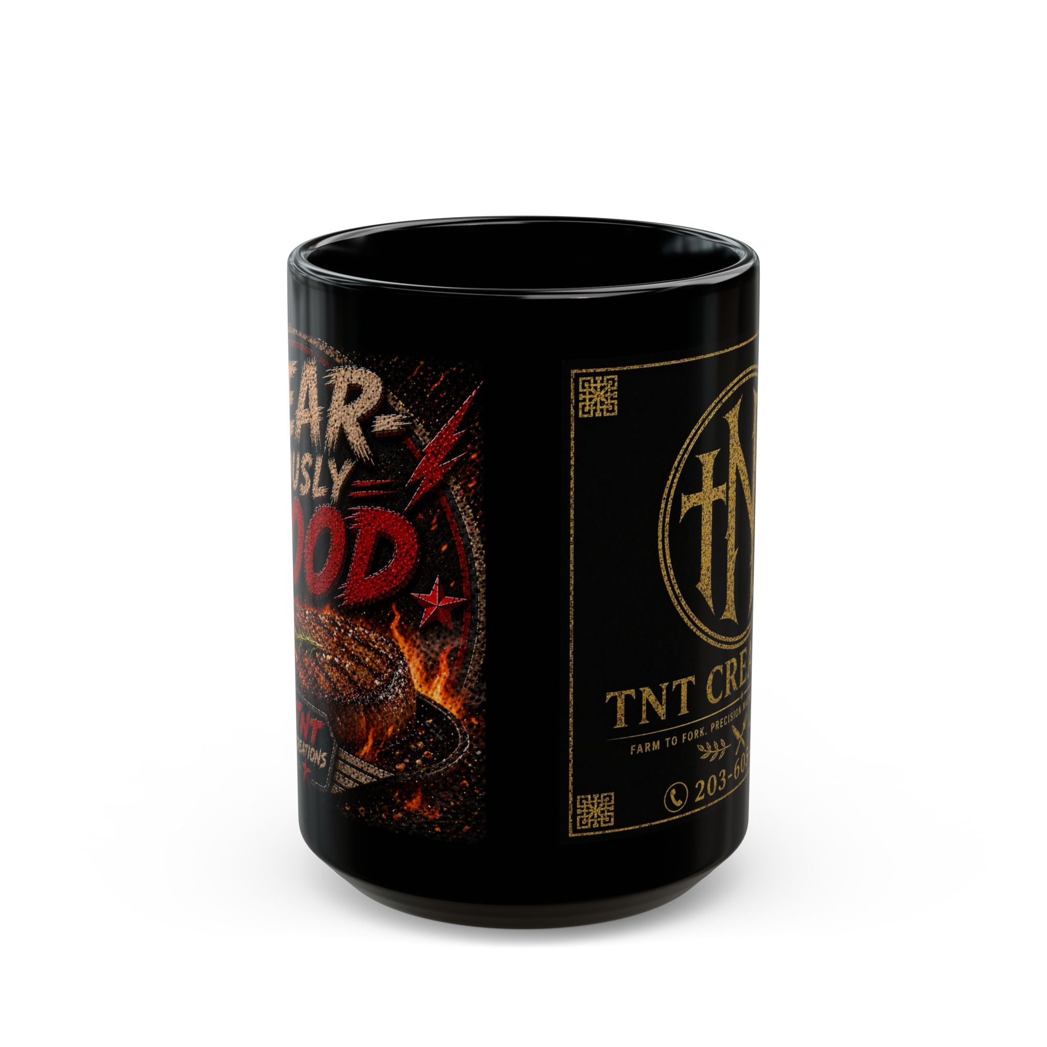 Black Ceramic Mug — TNT Creations Logo & Horror Flame Design (11oz, 15oz)
