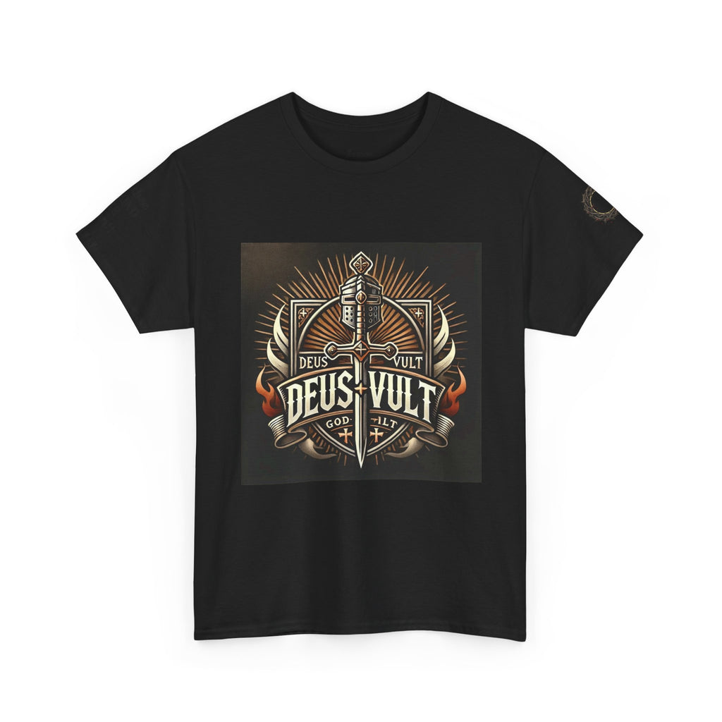 Deus Vult Sword T‑Shirt — Crusader Vintage Shield Design