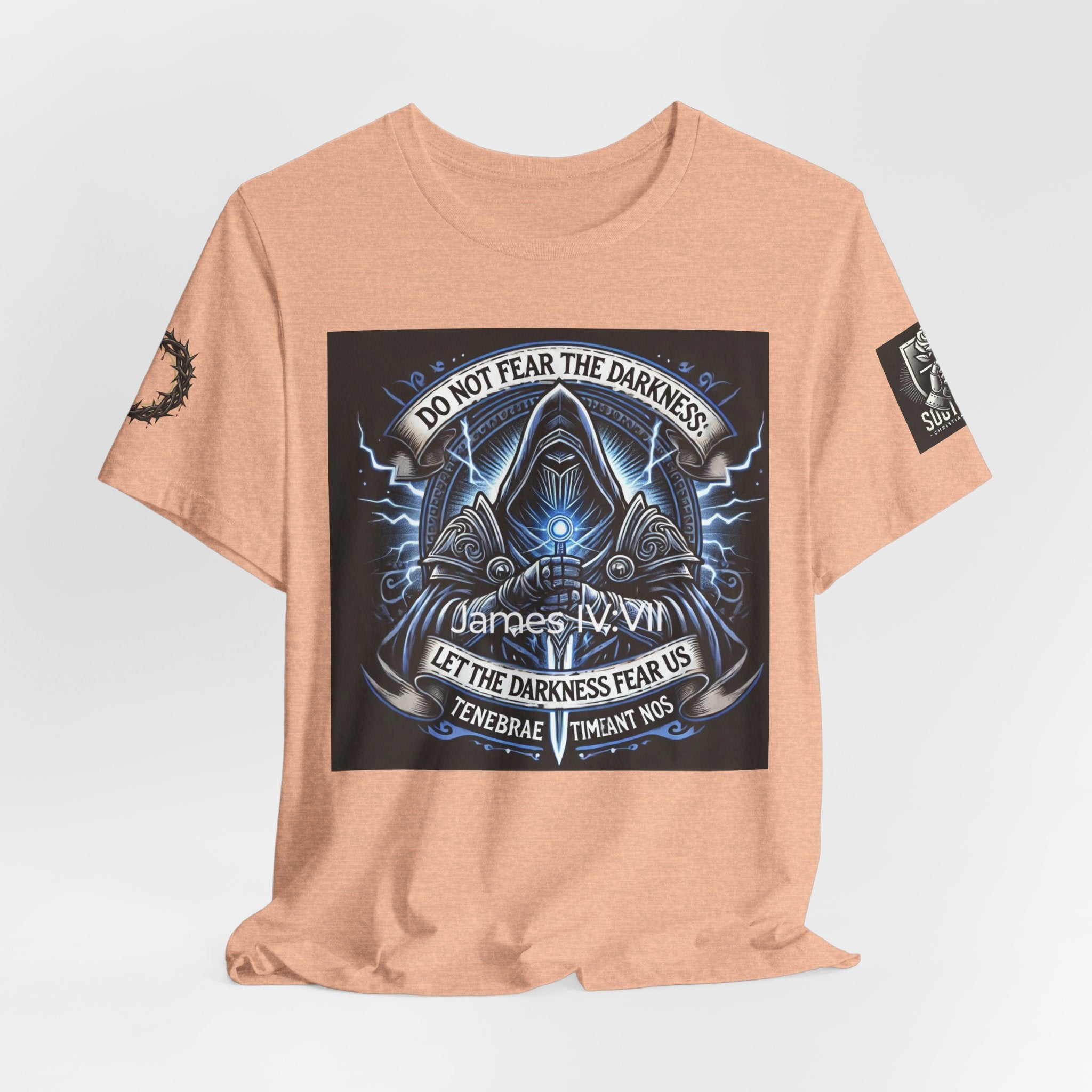 Do Not Fear the Darkness Graphic Tee — 'James IV:VII' Hooded Figure Shirt