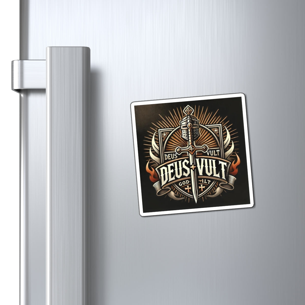 Deus Vult Crusader Sword Magnet — Medieval Knight Emblem Fridge Sticker