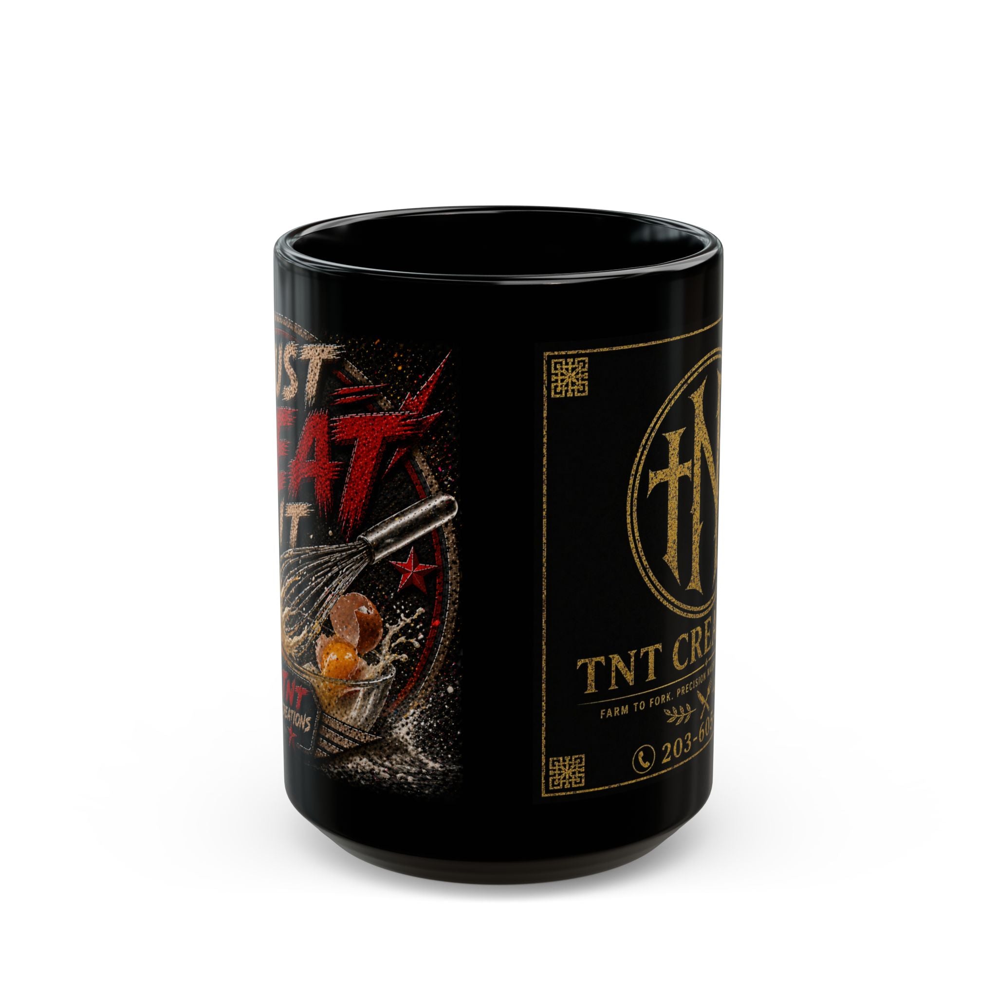 TNT Creations Black Ceramic Mug — Gold Logo Accent (11oz & 15oz)