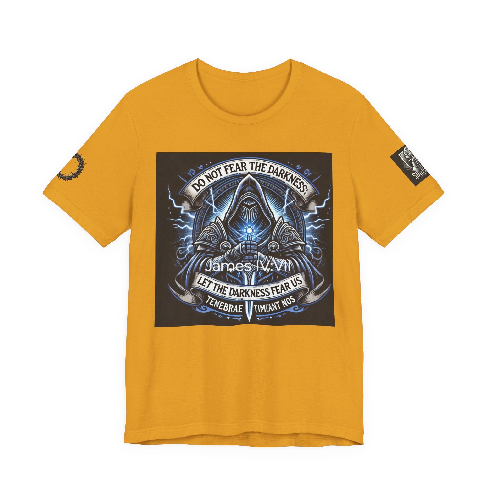 Do Not Fear the Darkness Graphic Tee — 'James IV:VII' Hooded Figure Shirt