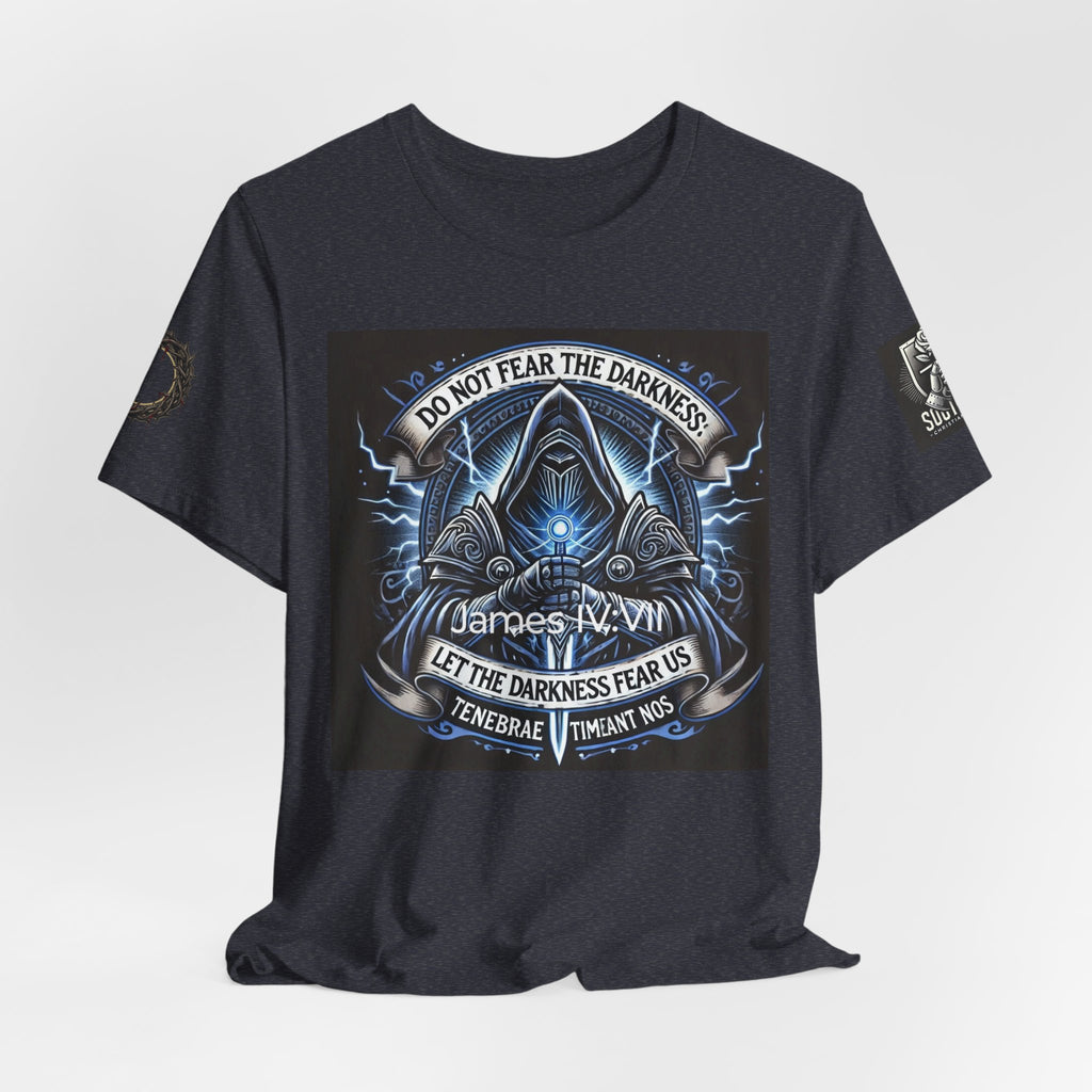 Do Not Fear the Darkness Graphic Tee — 'James IV:VII' Hooded Figure Shirt