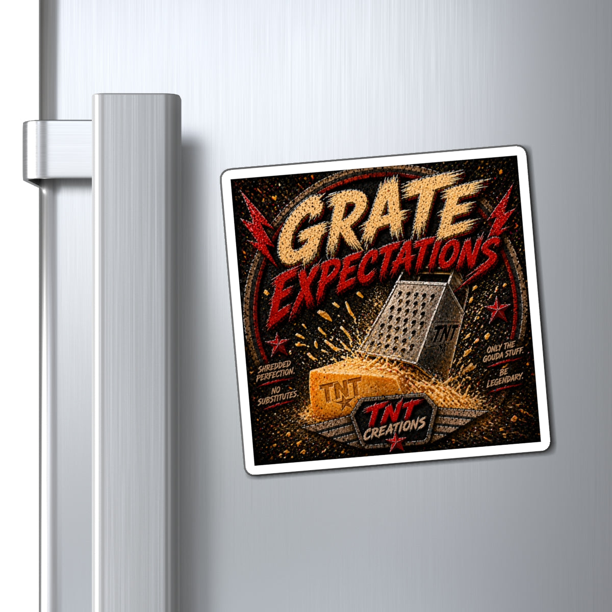 Grate Expectations Magnet — Funny Cheese Grater TNT Design Fridge Sticker