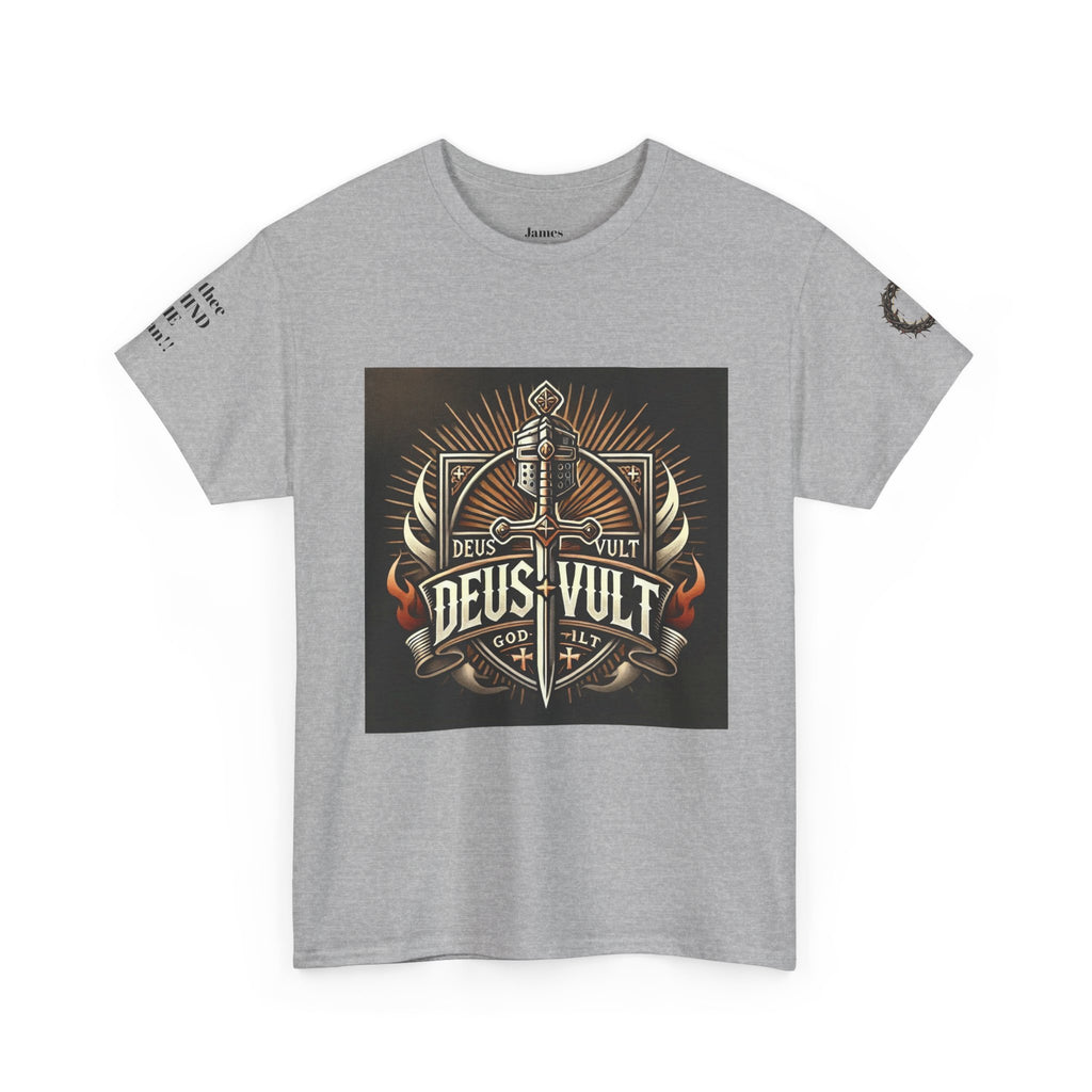 Deus Vult Sword T‑Shirt — Crusader Vintage Shield Design