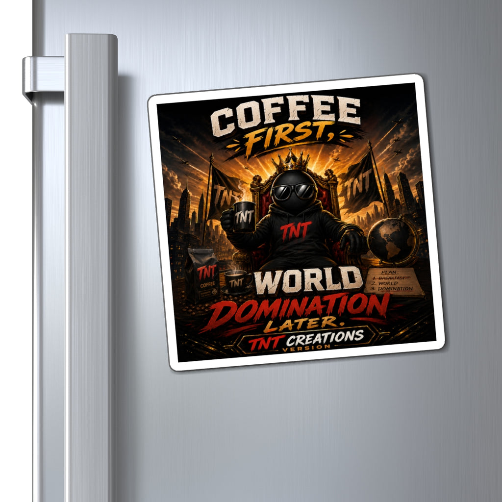 Coffee First Magnet — "World Domination Later" Retro Espresso Kitchen Magnet