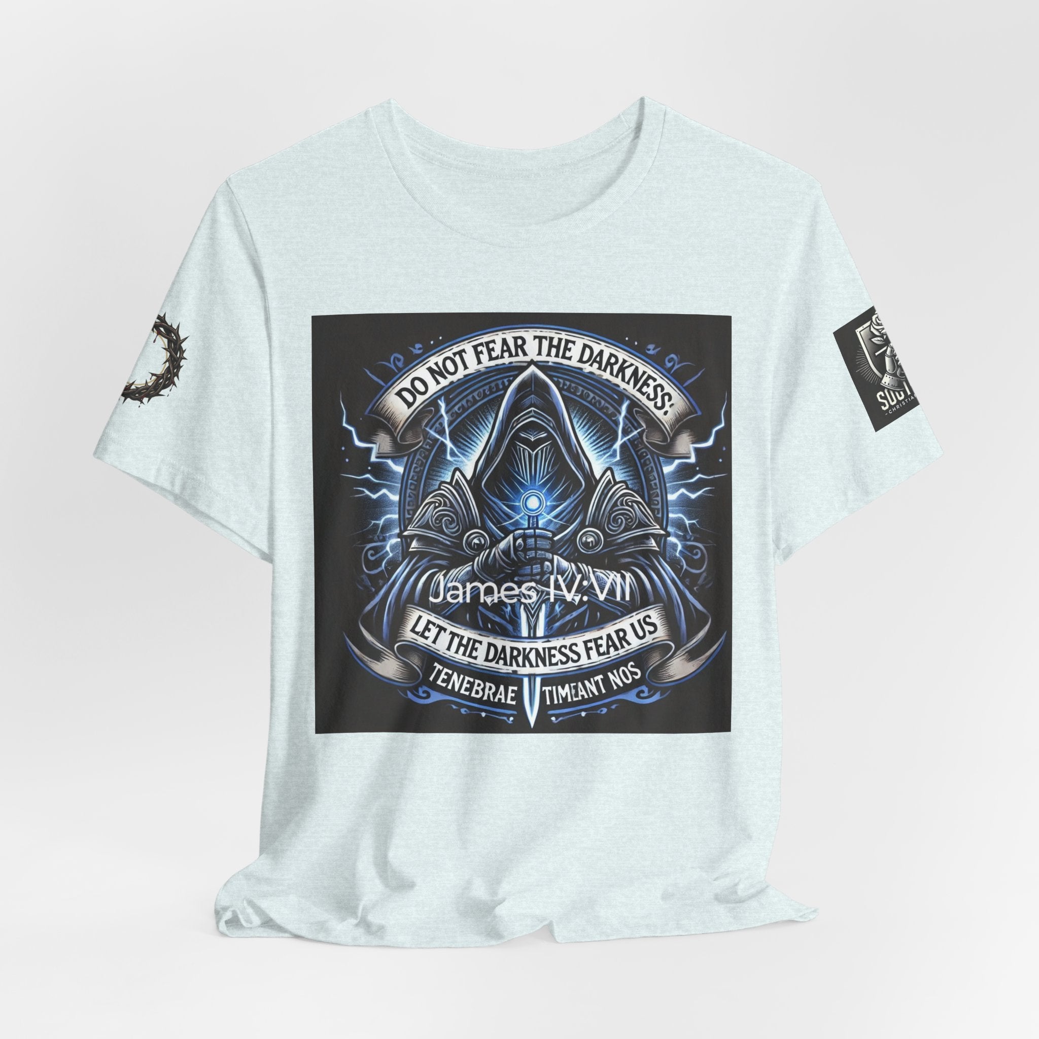 Do Not Fear the Darkness Graphic Tee — 'James IV:VII' Hooded Figure Shirt