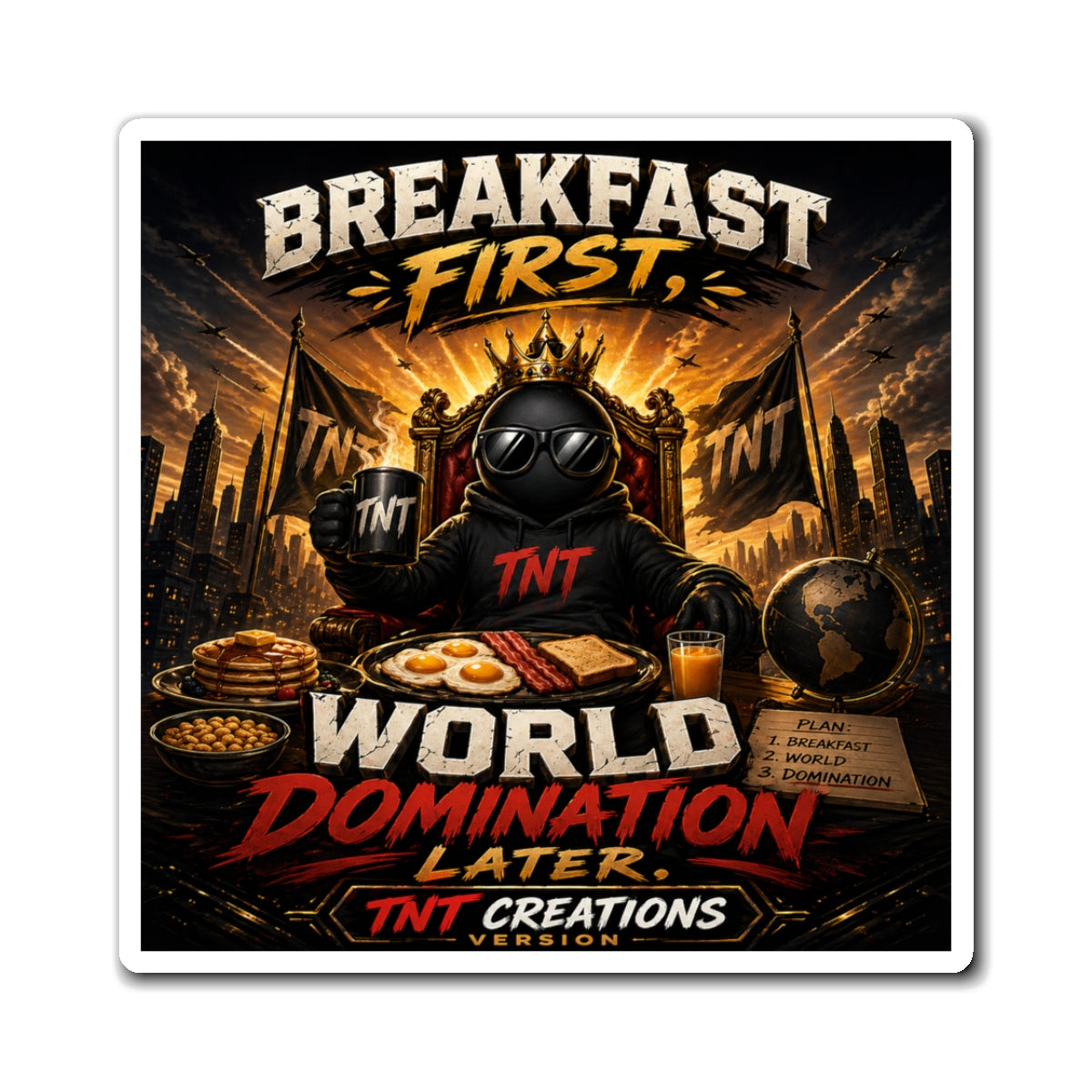 Breakfast First World Domination Magnet — Funny Breakfast Quote Fridge Magnet