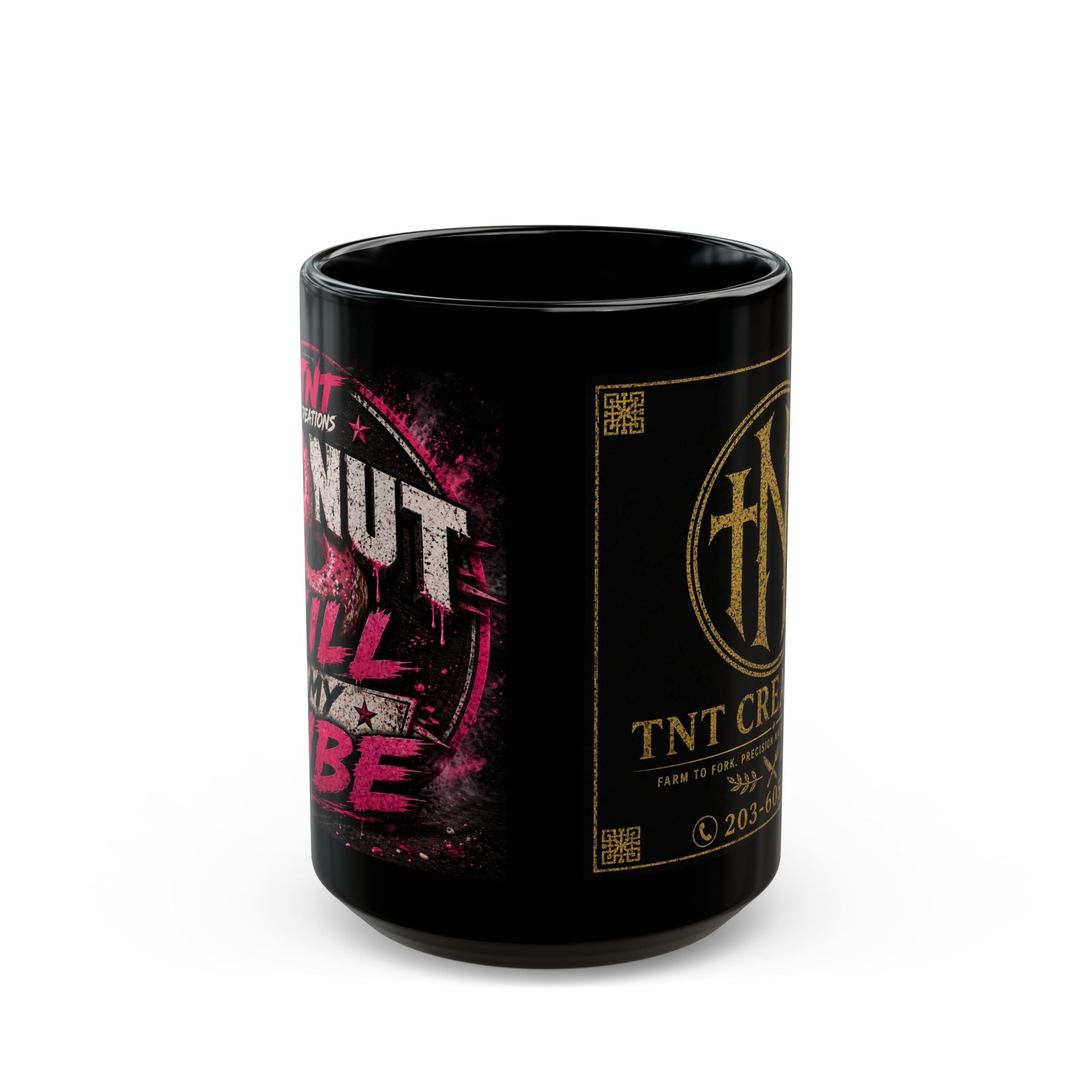TNT Creations Black Mug — Gothic Logo Coffee Cup (11oz/15oz)