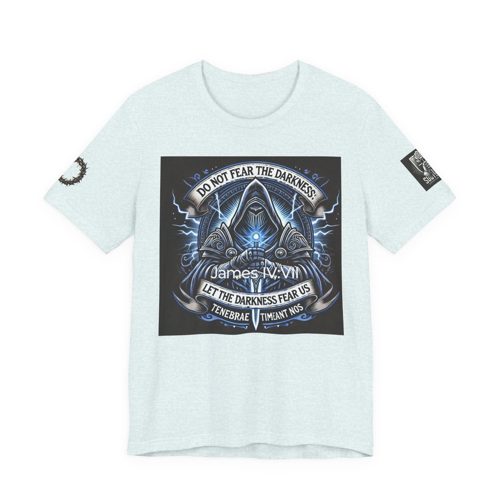 Do Not Fear the Darkness Graphic Tee — 'James IV:VII' Hooded Figure Shirt