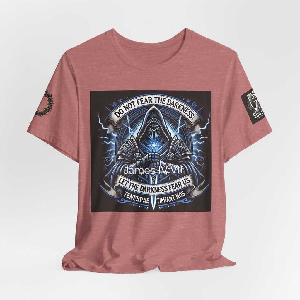 Do Not Fear the Darkness Graphic Tee — 'James IV:VII' Hooded Figure Shirt