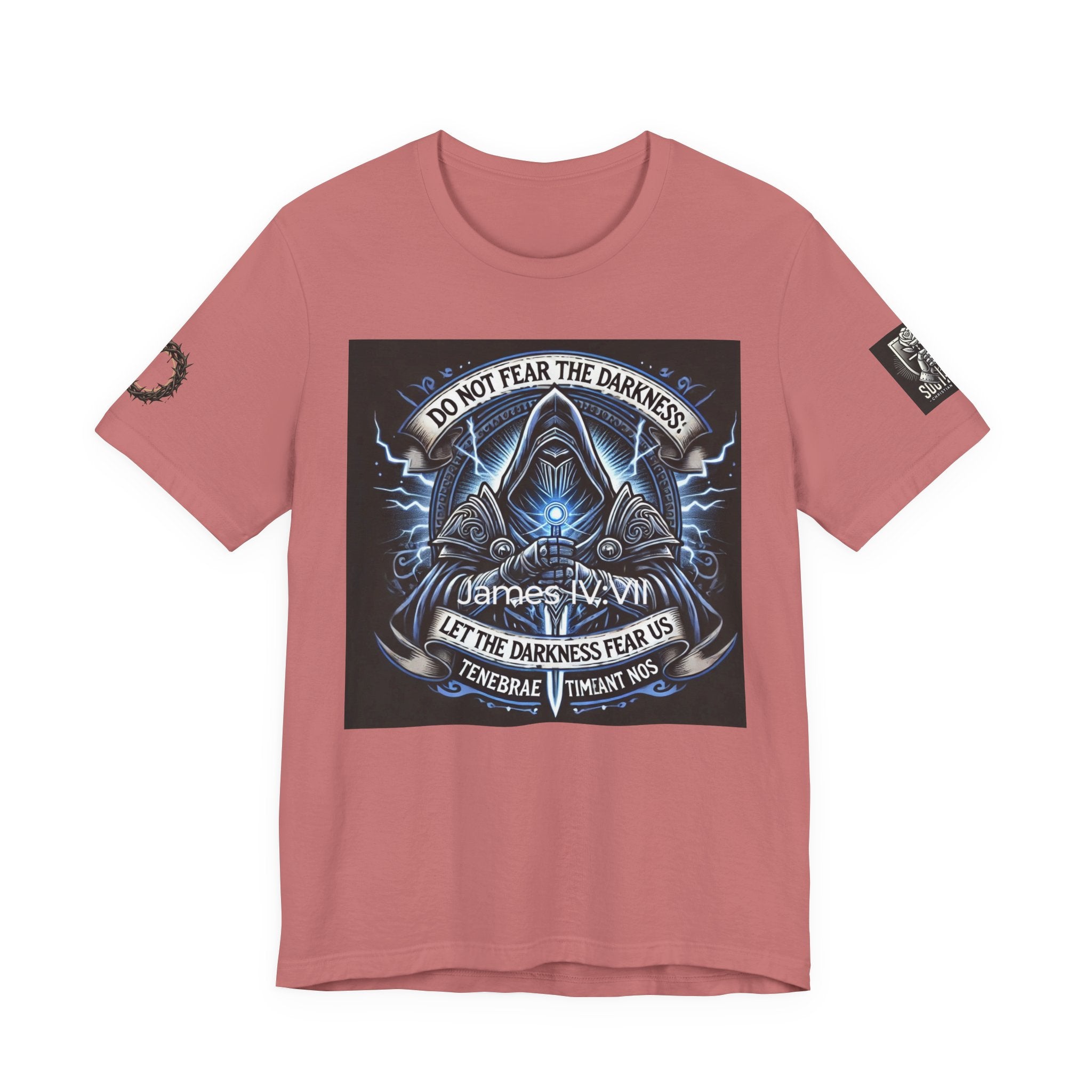 Do Not Fear the Darkness Graphic Tee — 'James IV:VII' Hooded Figure Shirt