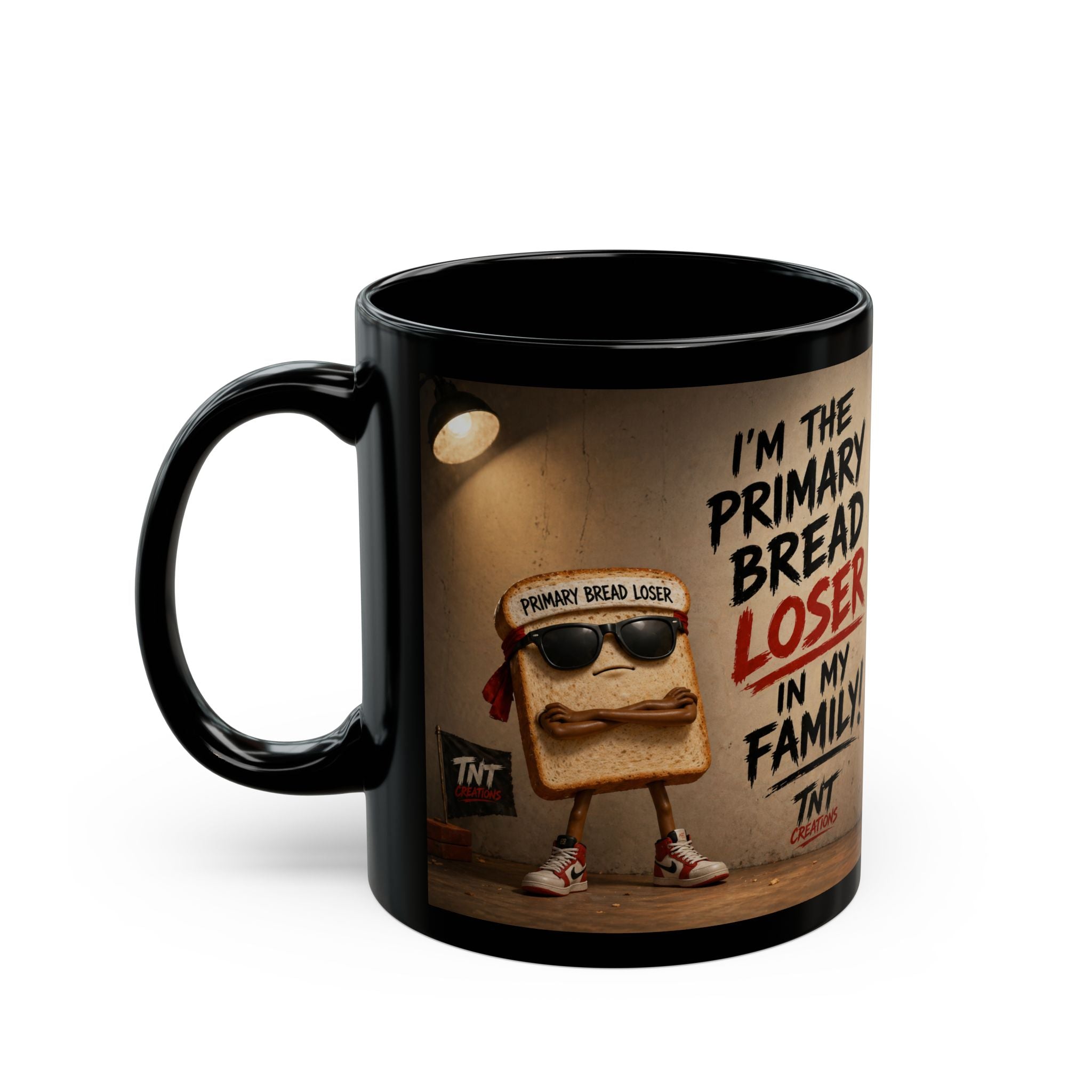 Black Ceramic Mug — "I'm the Primary Bread Loser in My Family" Funny Coffee Cup with Gold TNT Creations Logo