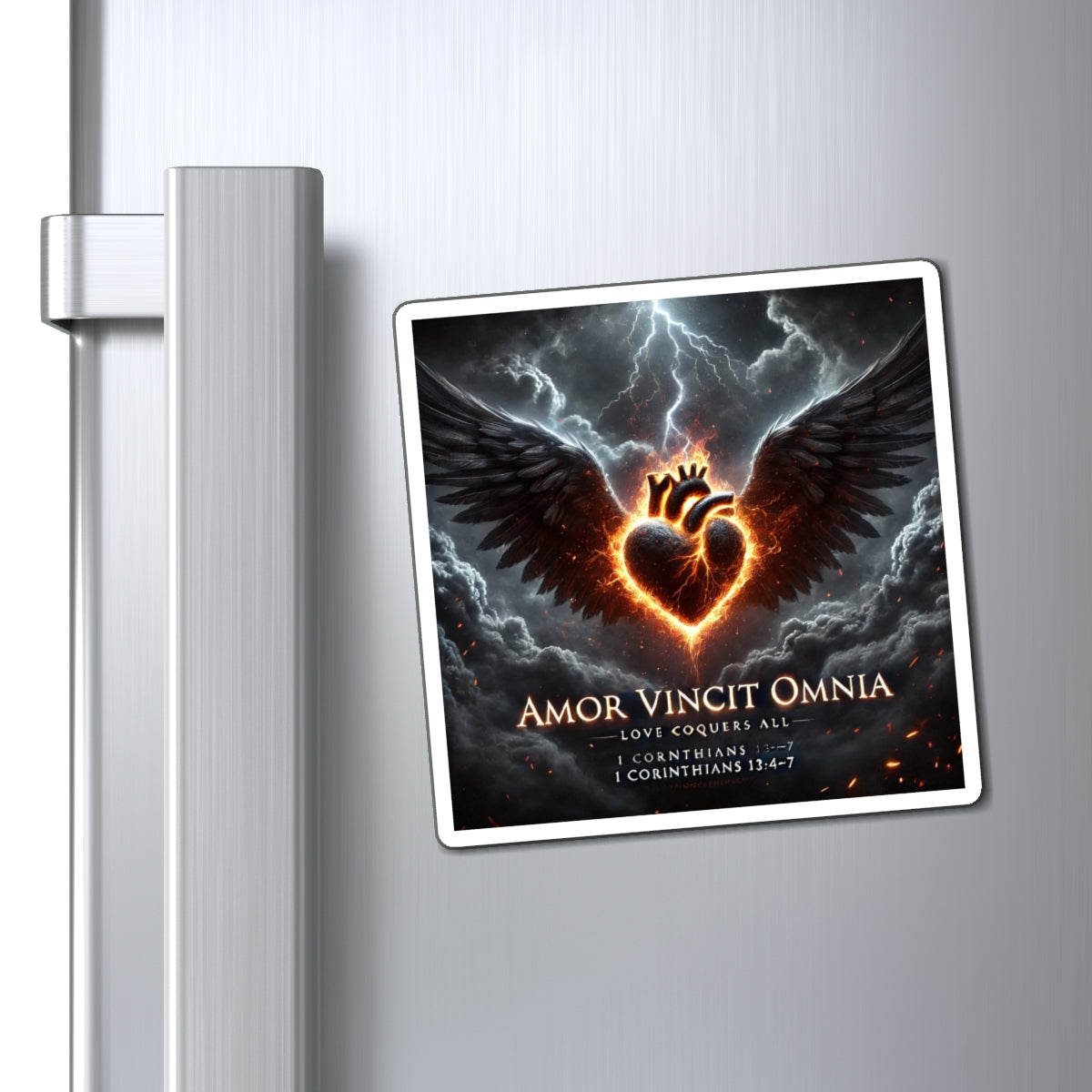 Amor Vincit Omnia Heart & Wings Magnet — 'Love Conquers All' Inspirational Bible Verse 1 Corinthians 13:4-7