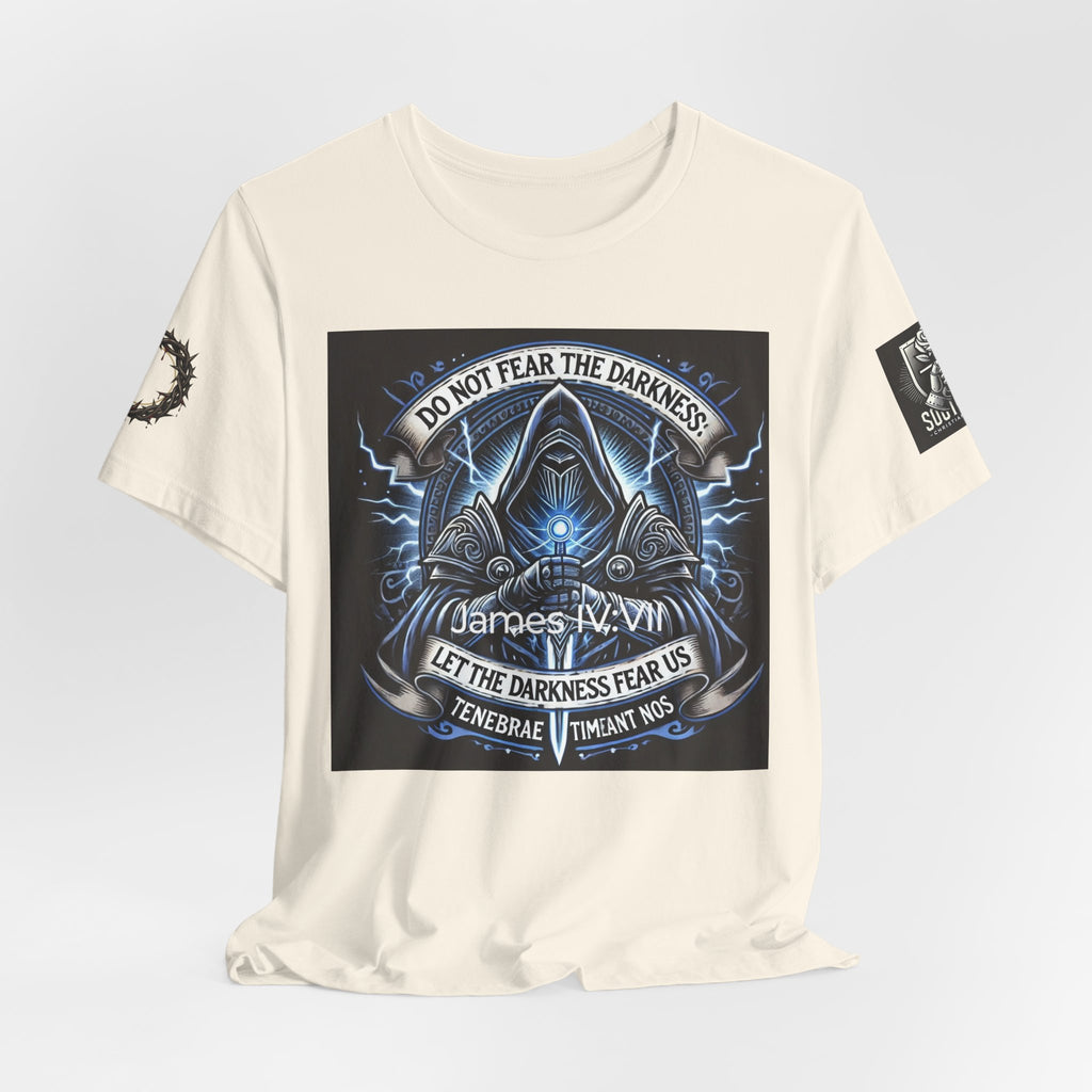 Do Not Fear the Darkness Graphic Tee — 'James IV:VII' Hooded Figure Shirt
