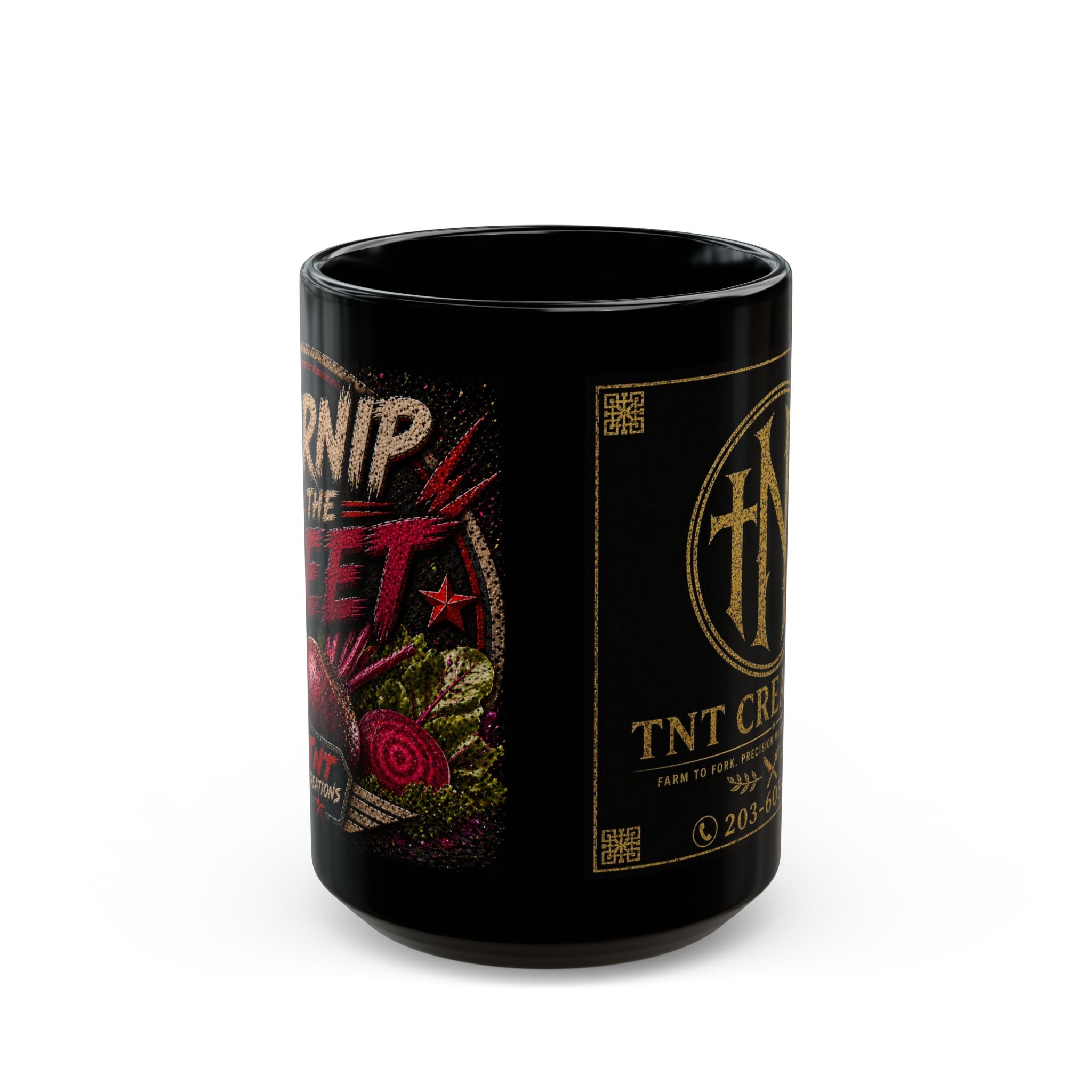 TNT Creations Black Ceramic Mug — Gothic Logo & Dark Floral Design (11oz/15oz)