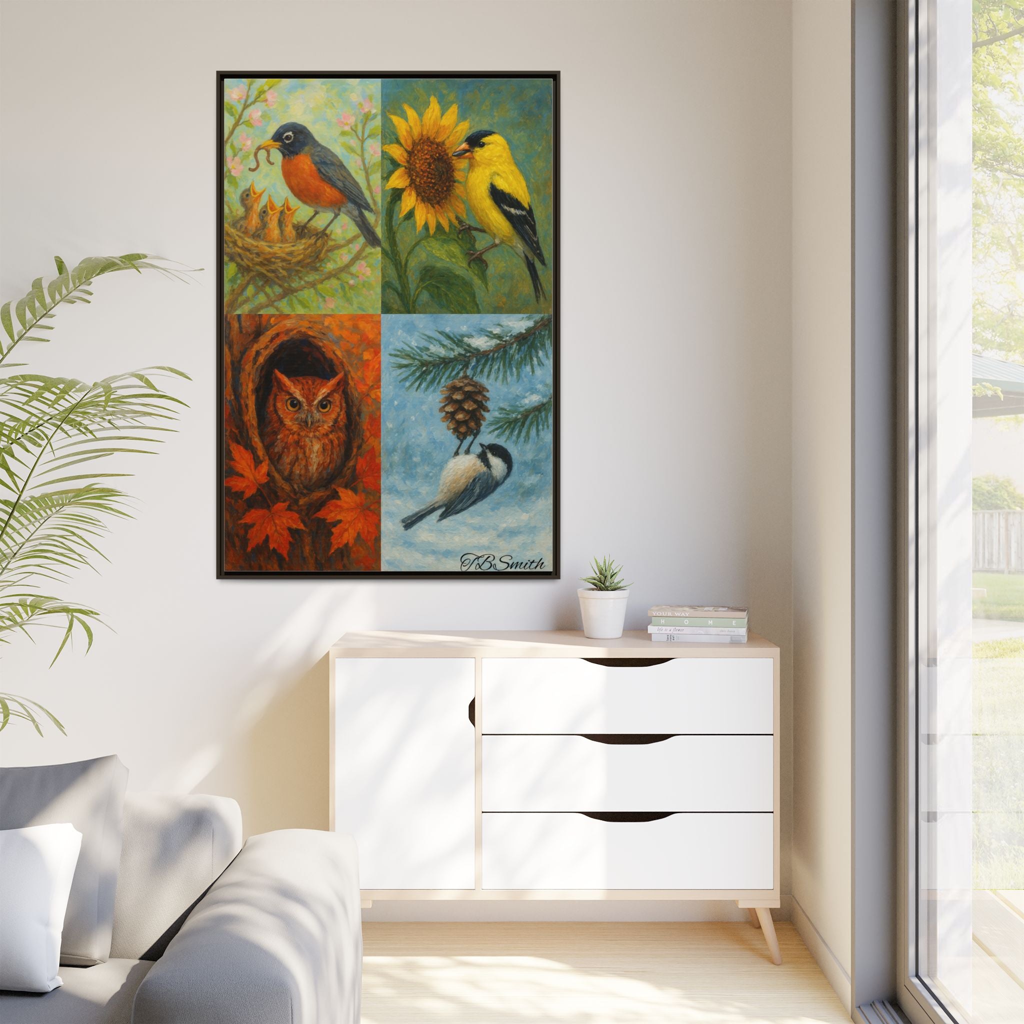 Framed Bird Trio Matte Canvas Art – Spring & Autumn Songbirds