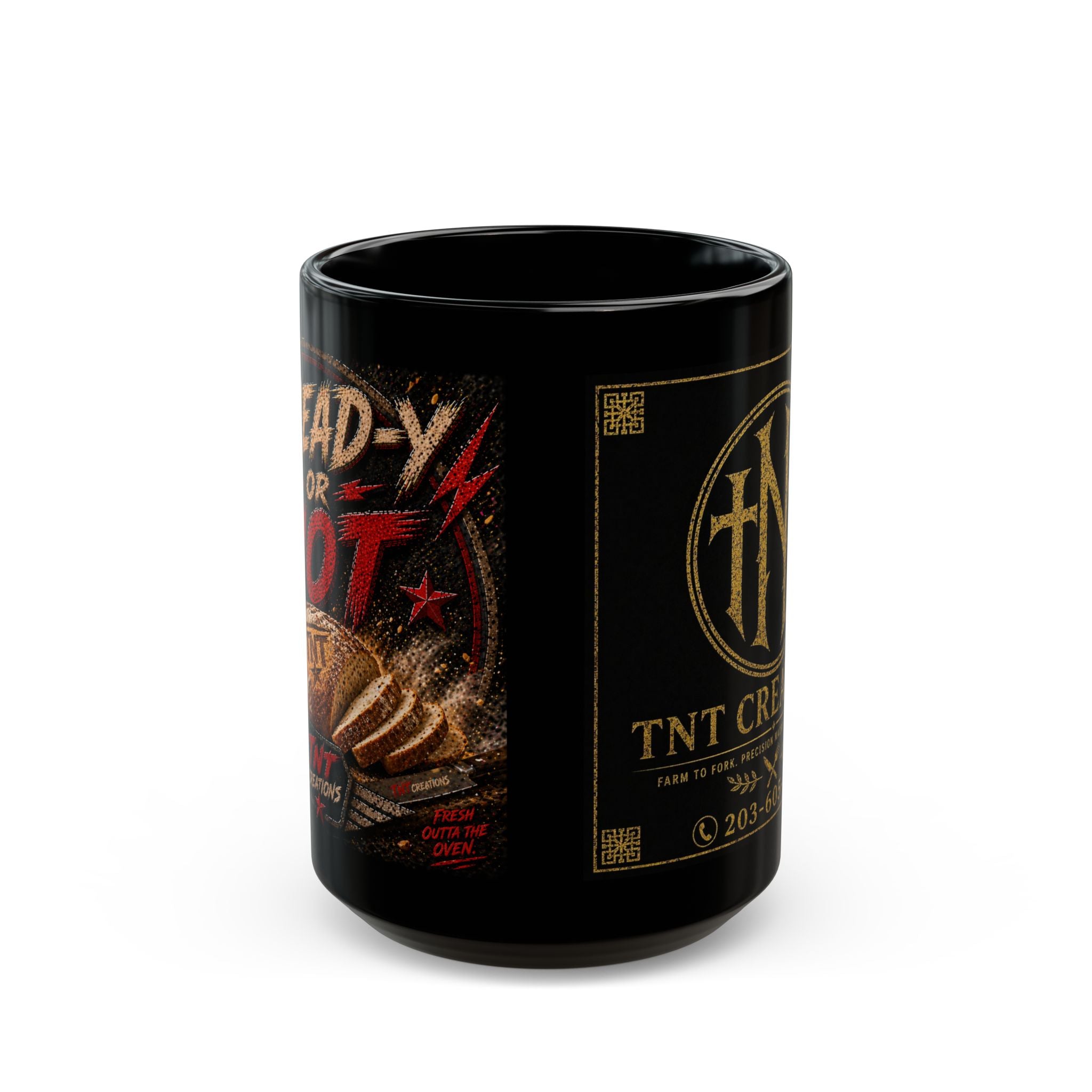 TNT Creations Black Ceramic Mug — Gold Logo Coffee Cup (11oz/15oz)