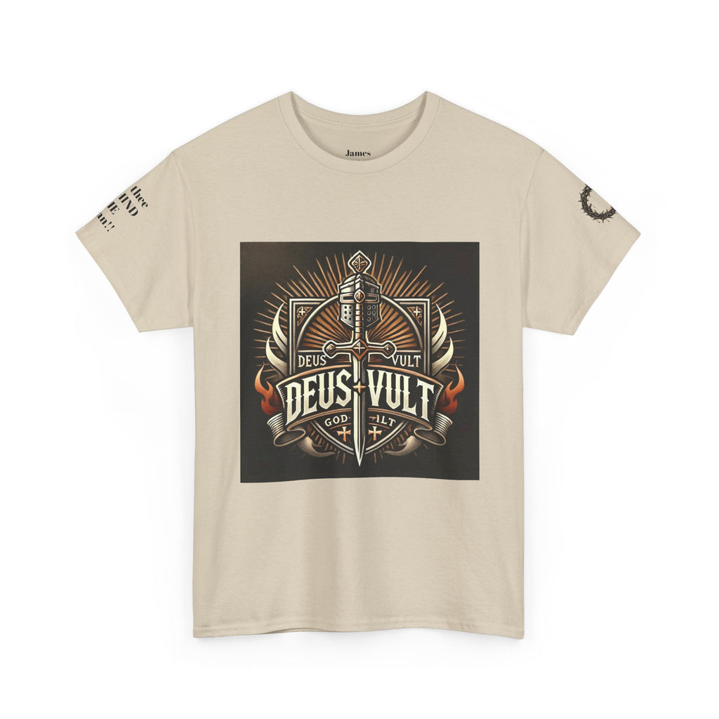 Deus Vult Sword T‑Shirt — Crusader Vintage Shield Design