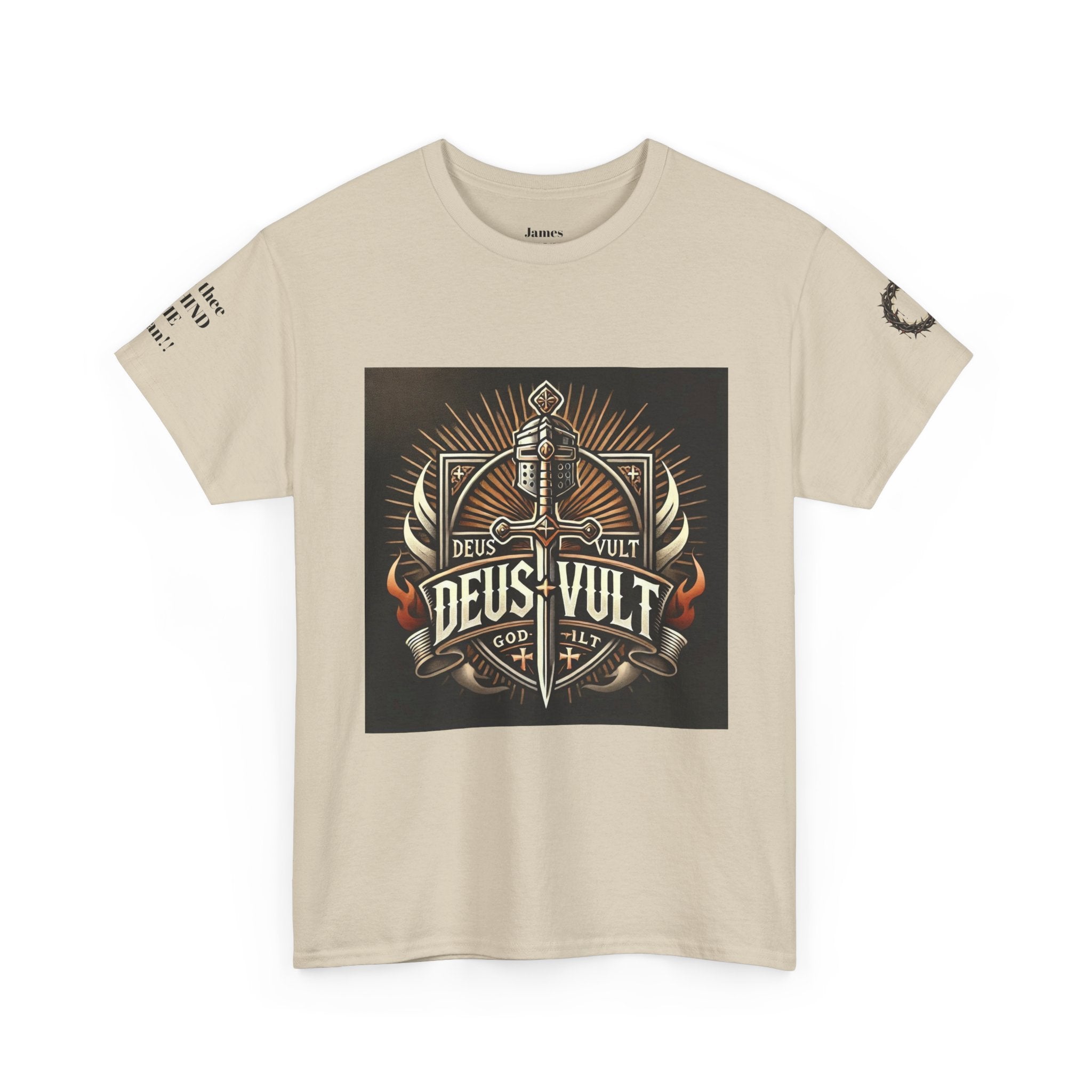 Deus Vult Sword T‑Shirt — Crusader Vintage Shield Design