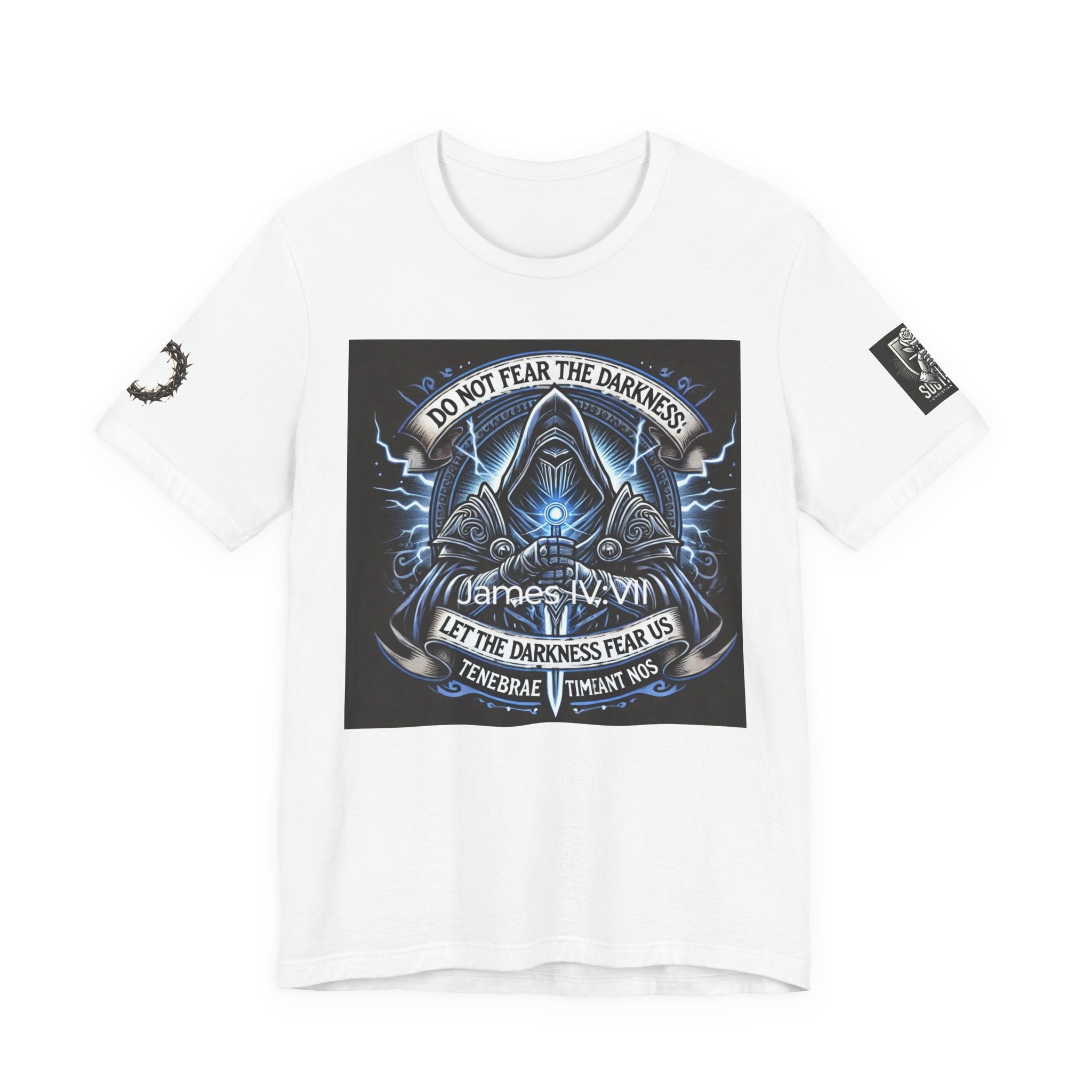 Do Not Fear the Darkness Graphic Tee — 'James IV:VII' Hooded Figure Shirt