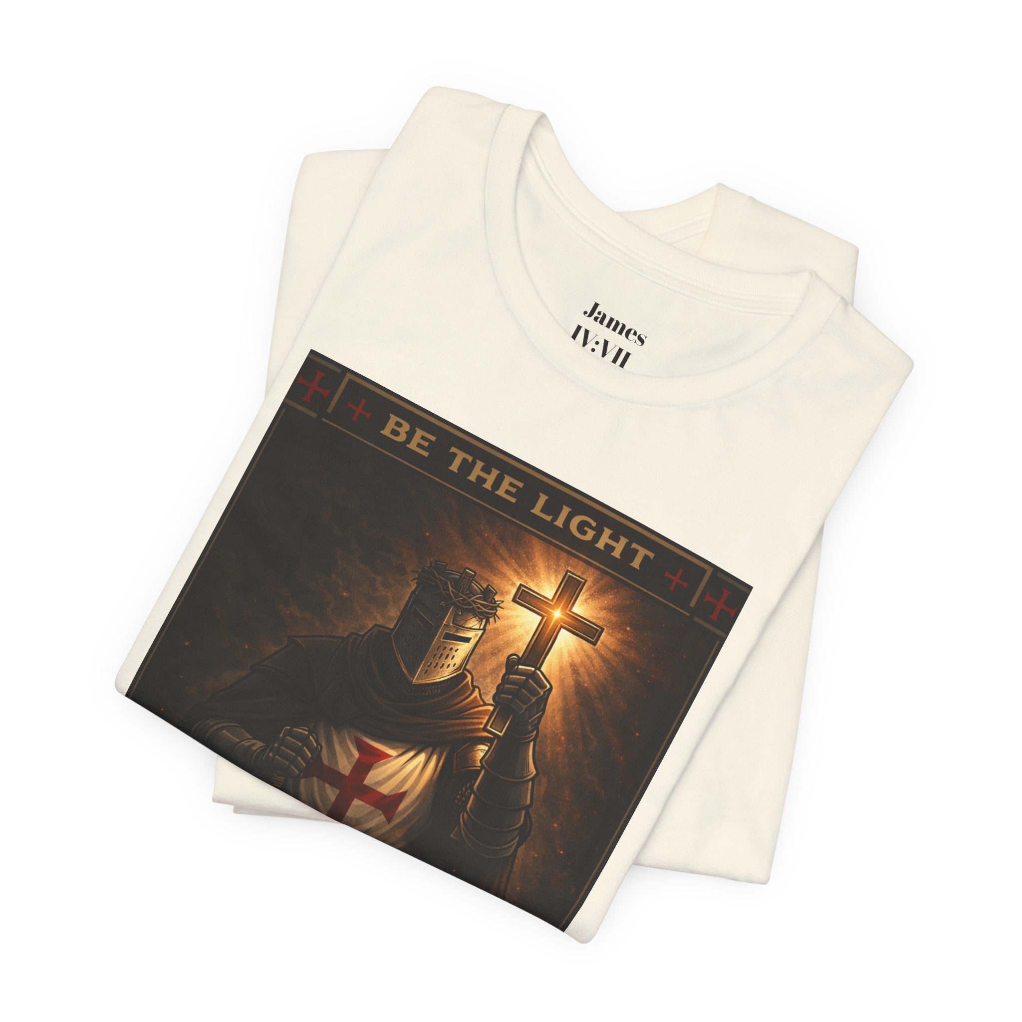 Christian Knight T-Shirt — "Be the Light" Crusader Graphic Tee (Don't Try Me Satan)
