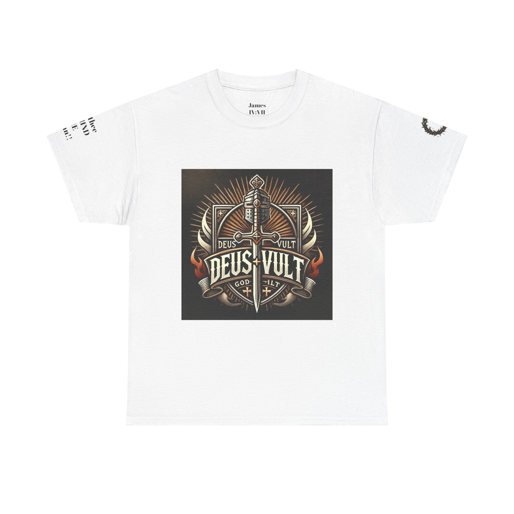 Deus Vult Sword T‑Shirt — Crusader Vintage Shield Design