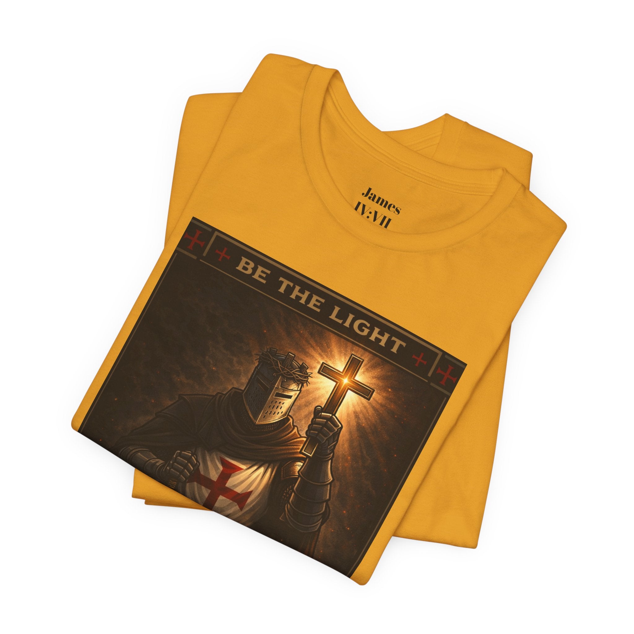 Christian Knight T-Shirt — "Be the Light" Crusader Graphic Tee (Don't Try Me Satan)
