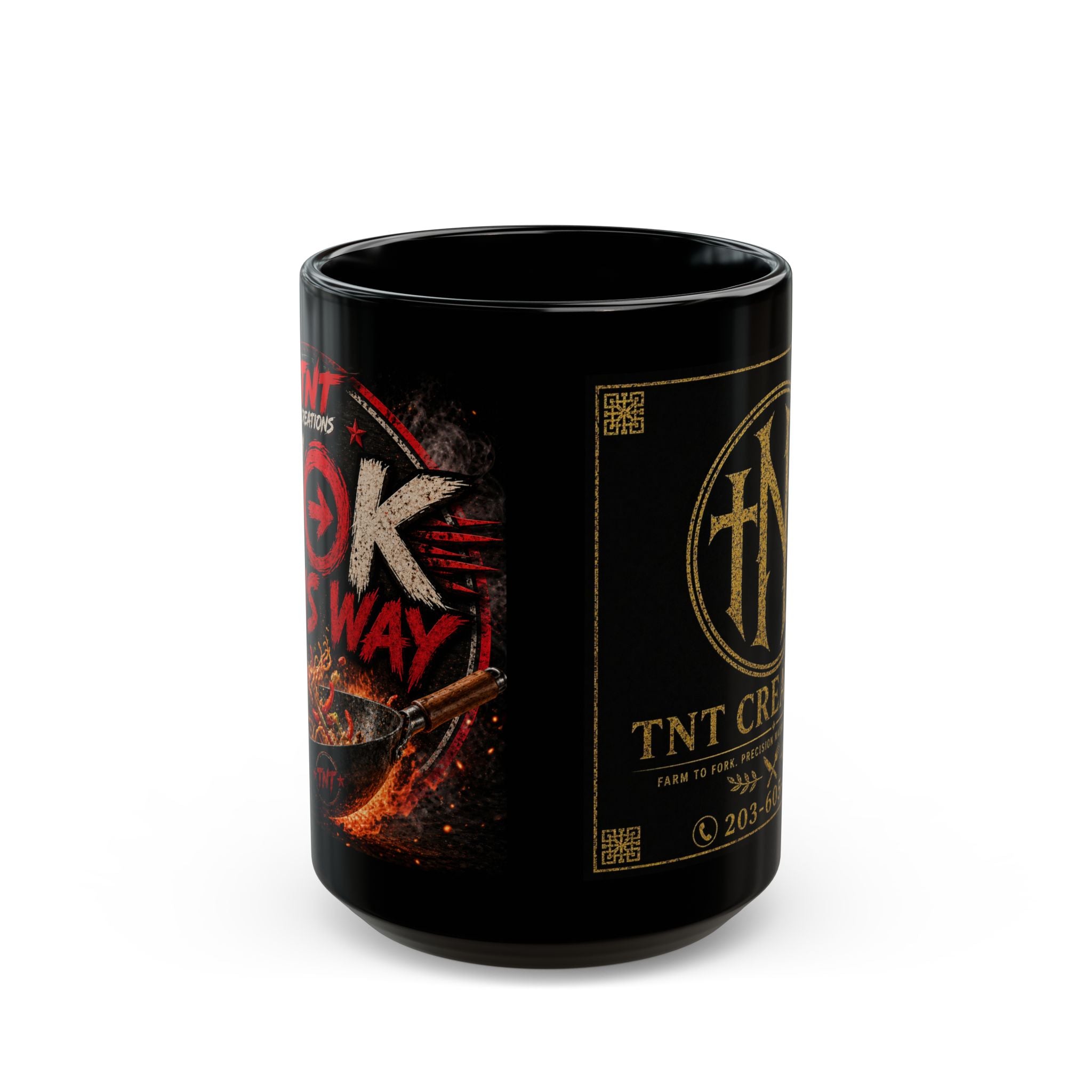 TNT Creations Logo Black Mug — 11oz/15oz Coffee Cup with Rustic Gold Emblem
