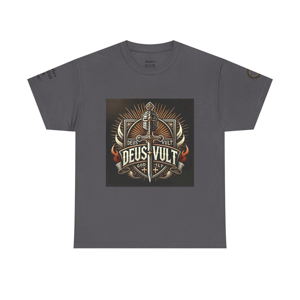 Deus Vult Sword T‑Shirt — Crusader Vintage Shield Design