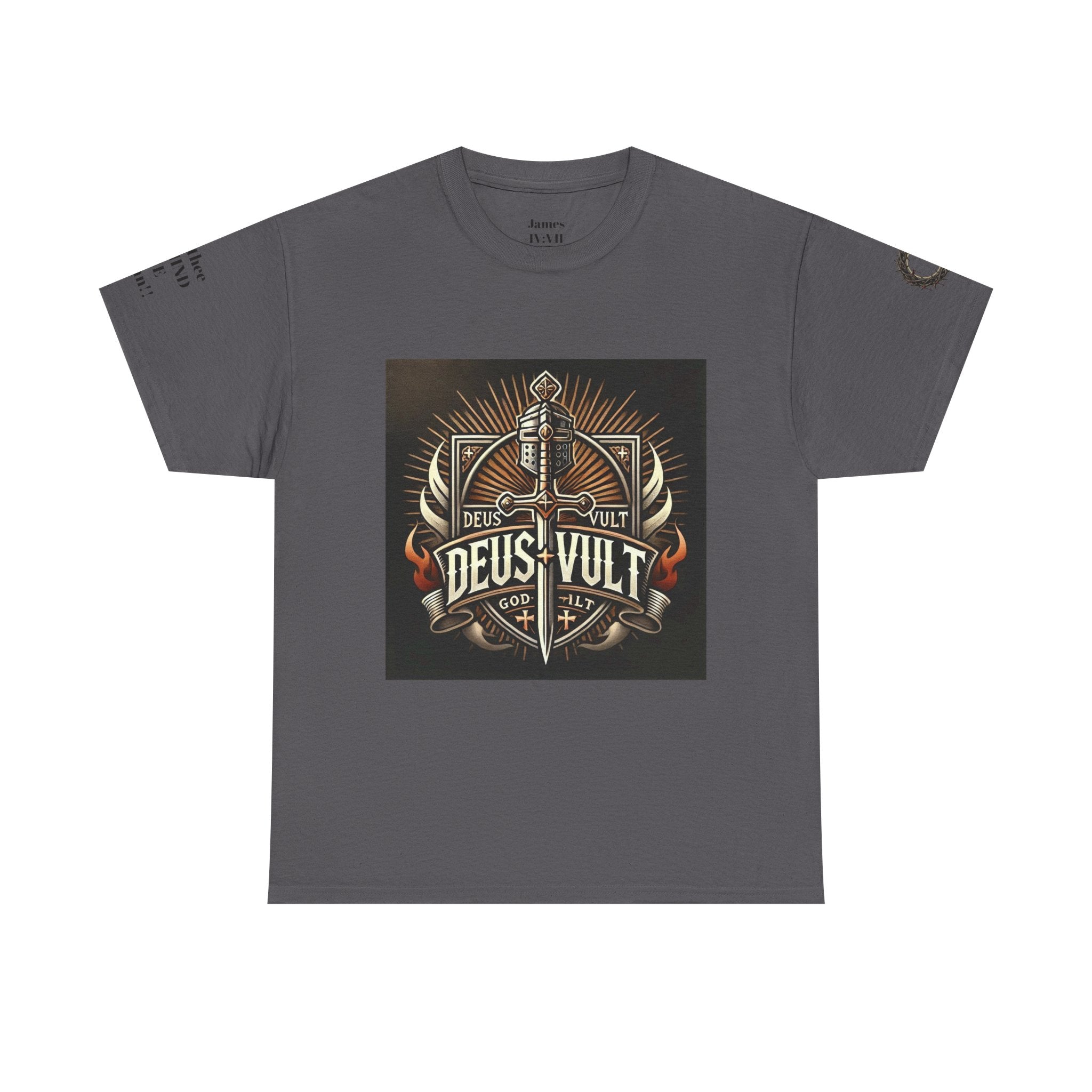 Deus Vult Sword T‑Shirt — Crusader Vintage Shield Design