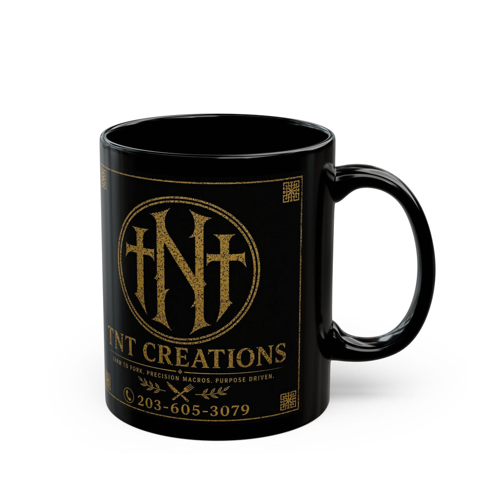 TNT Creations Gold Logo Black Mug — 11oz/15oz Ceramic Coffee Cup