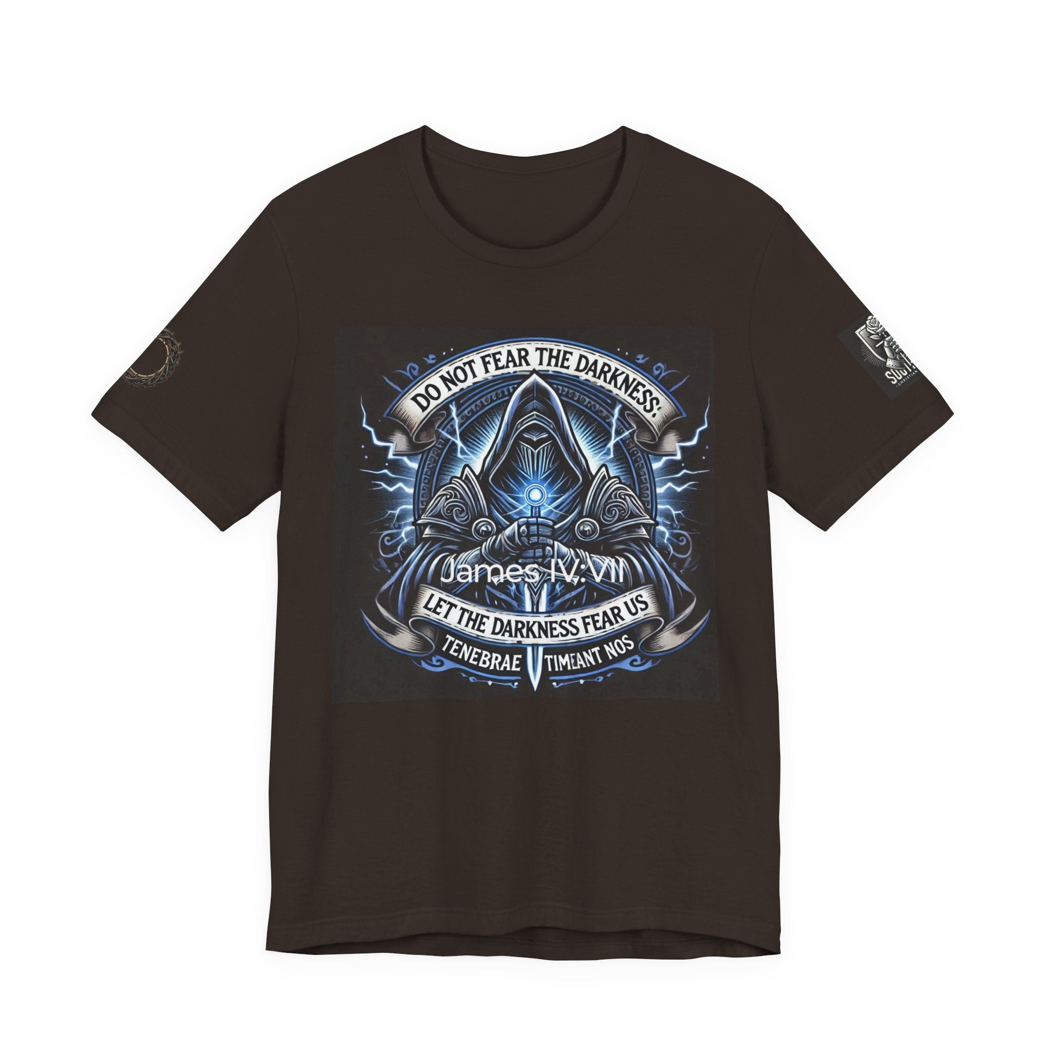 Do Not Fear the Darkness Graphic Tee — 'James IV:VII' Hooded Figure Shirt