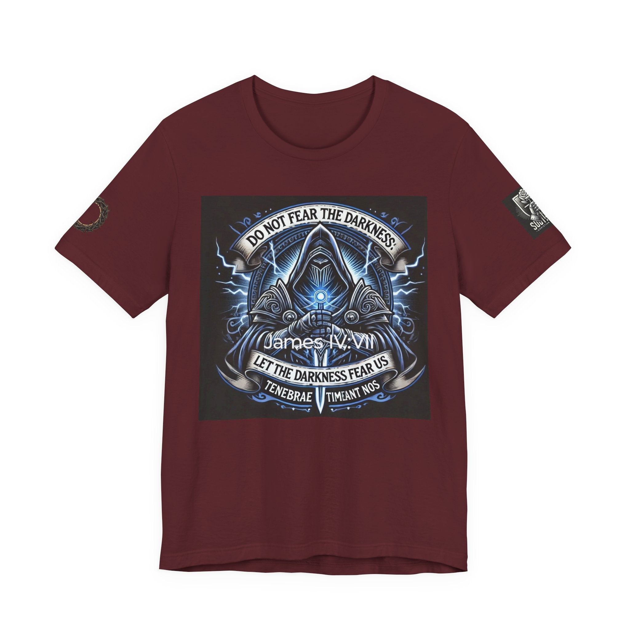 Do Not Fear the Darkness Graphic Tee — 'James IV:VII' Hooded Figure Shirt
