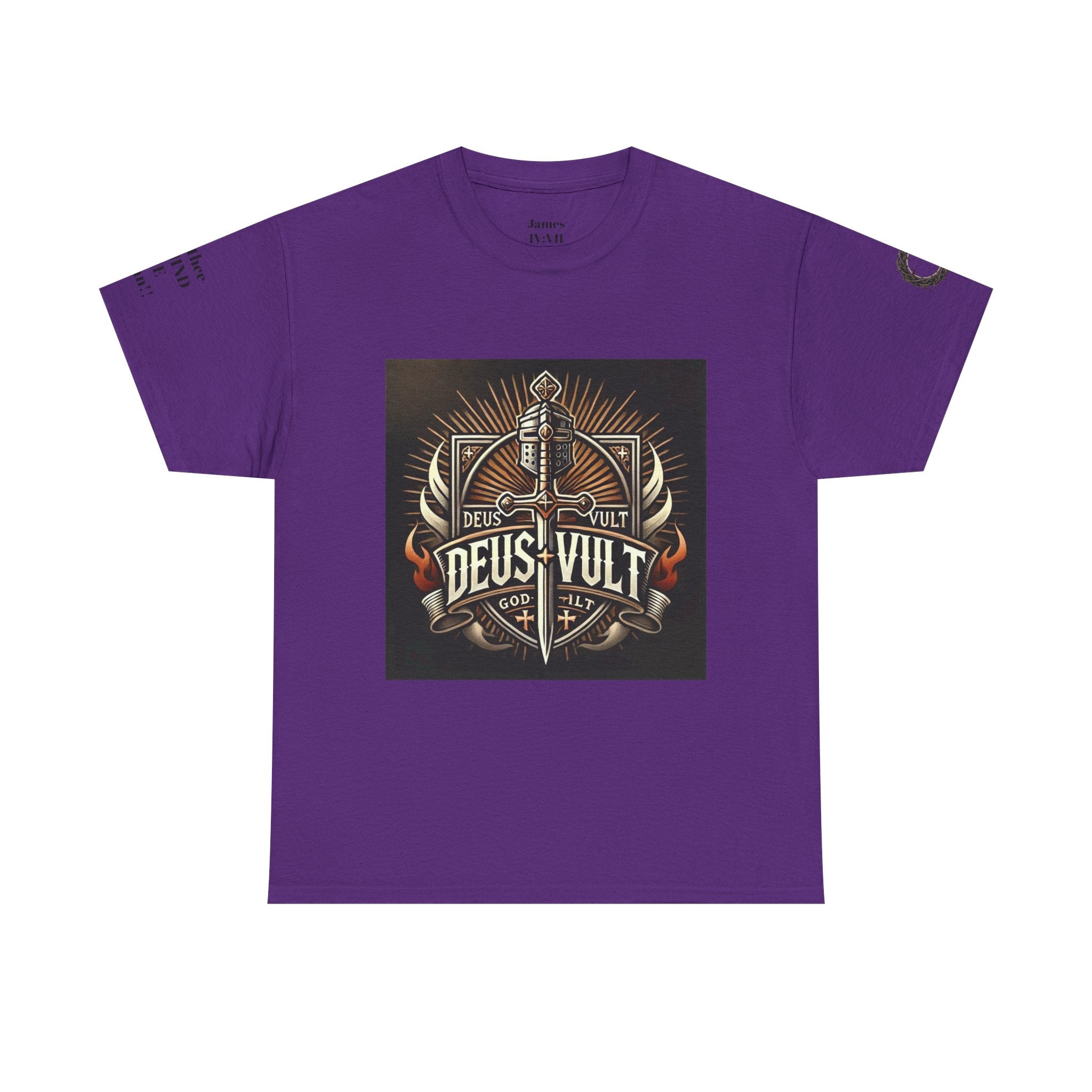 Deus Vult Sword T‑Shirt — Crusader Vintage Shield Design