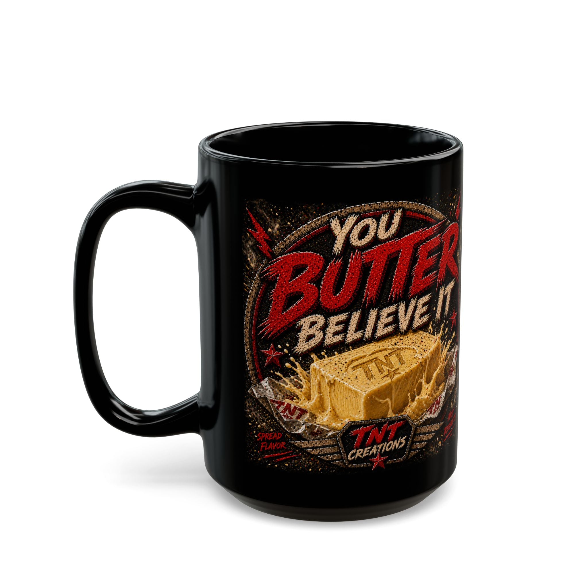 TNT Creations Gold Logo Black Mug — 11oz/15oz Ceramic Coffee Cup
