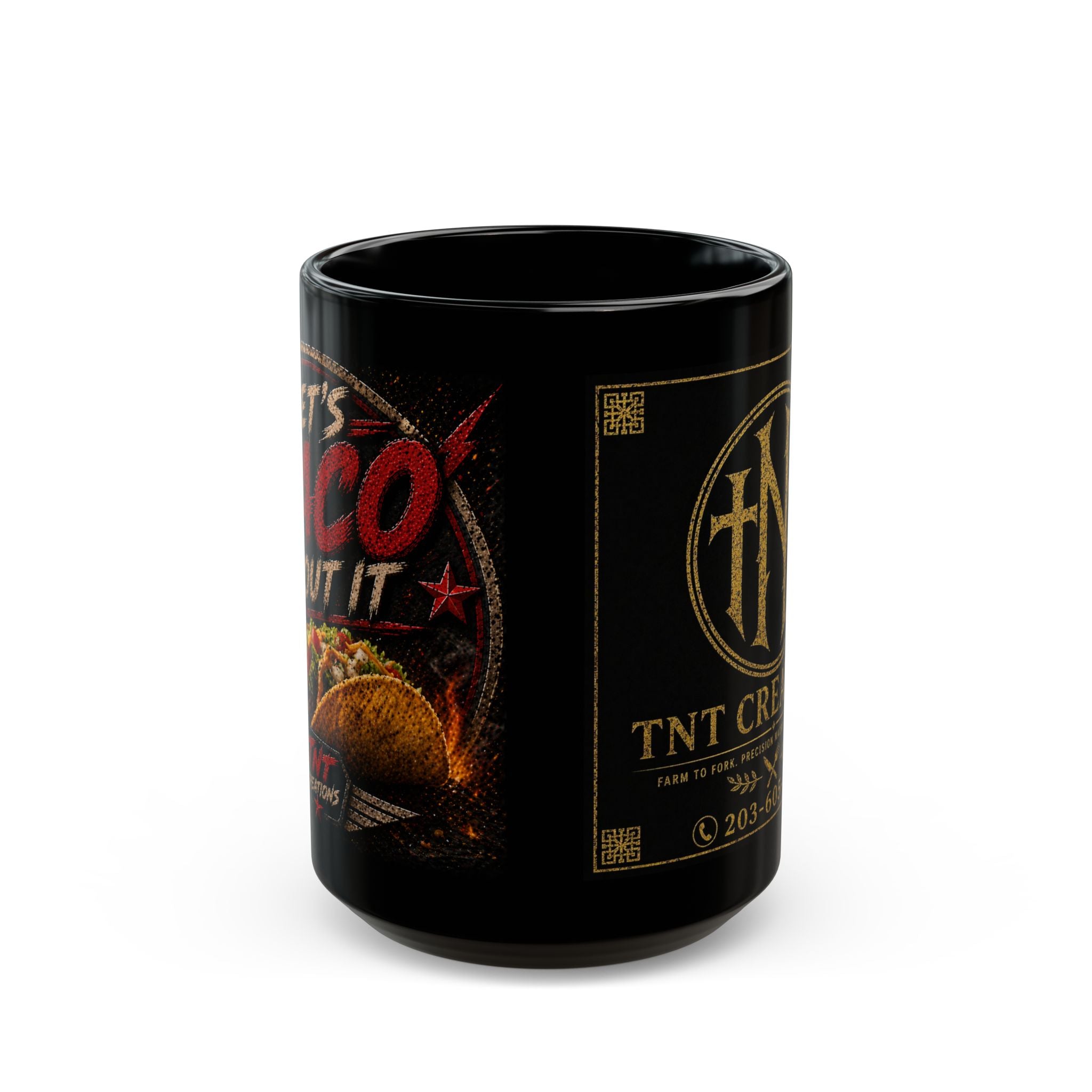 TNT Creations Logo Black Coffee Mug (11oz & 15oz) — Gold Emblem Ceramic Gift