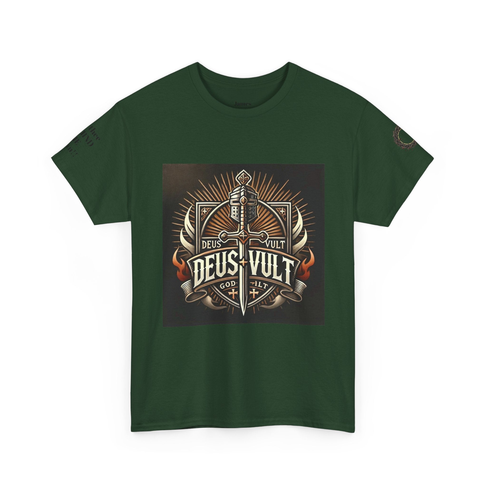Deus Vult Sword T‑Shirt — Crusader Vintage Shield Design