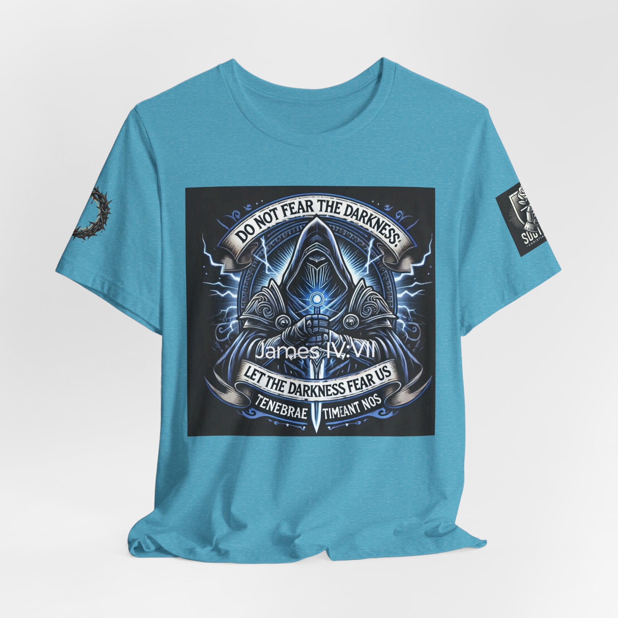 Do Not Fear the Darkness Graphic Tee — 'James IV:VII' Hooded Figure Shirt