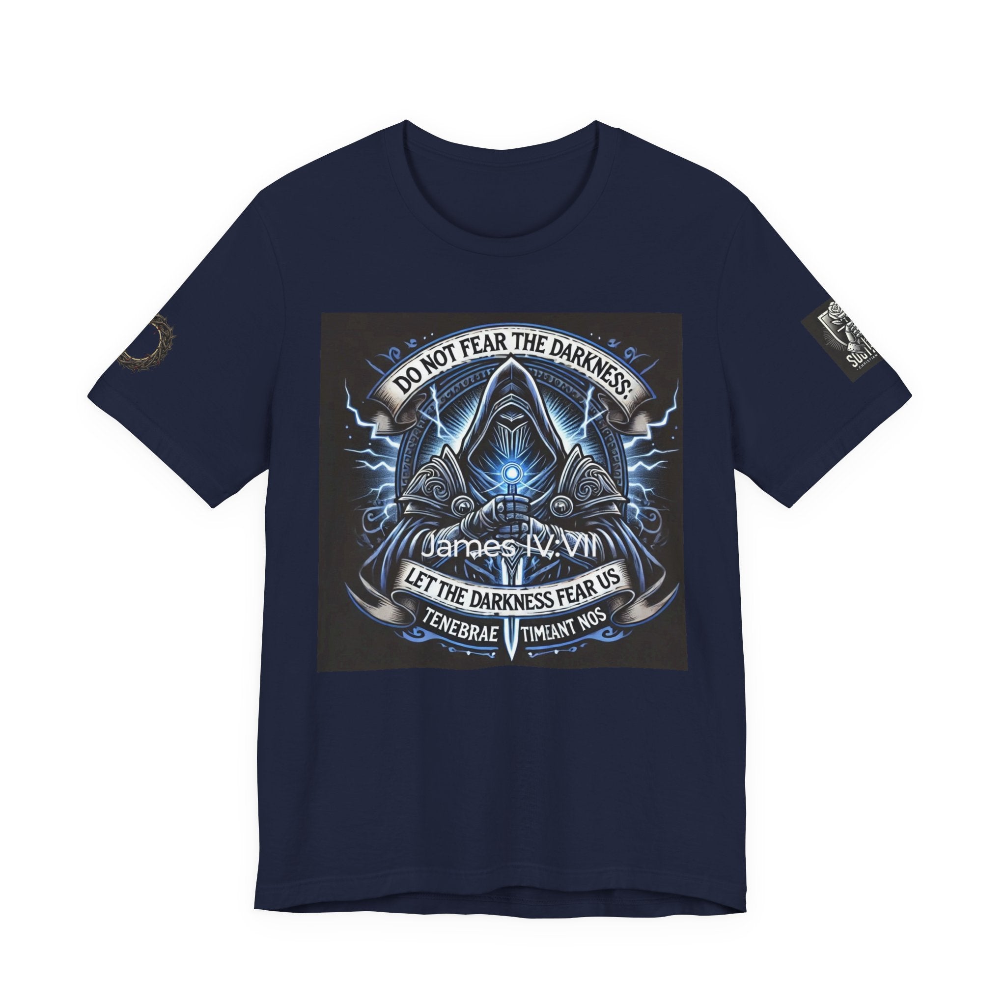 Do Not Fear the Darkness Graphic Tee — 'James IV:VII' Hooded Figure Shirt