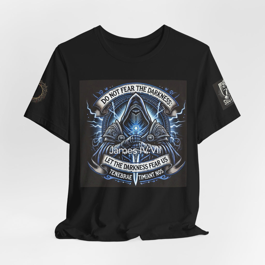 Do Not Fear the Darkness Graphic Tee — 'James IV:VII' Hooded Figure Shirt