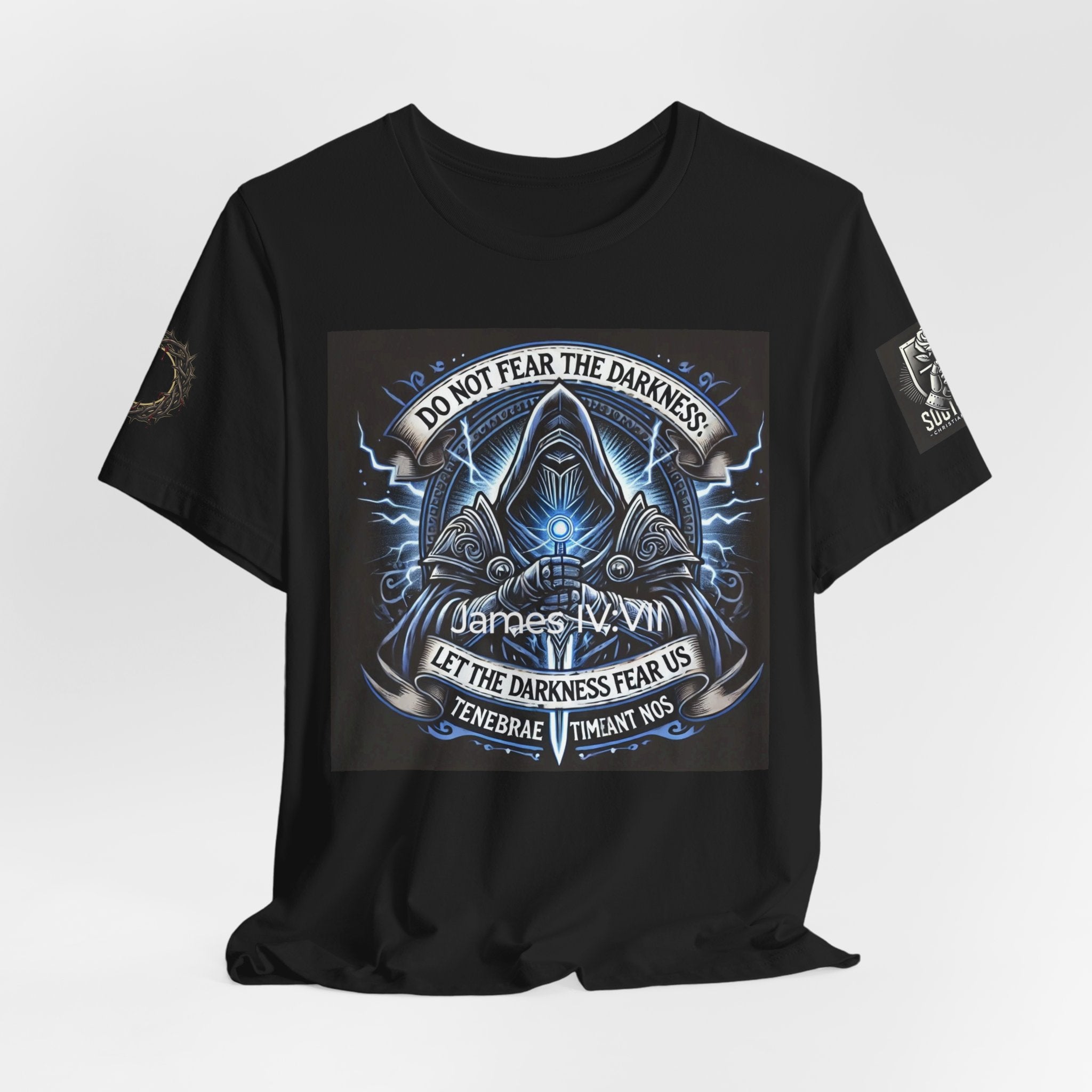 Do Not Fear the Darkness Graphic Tee — 'James IV:VII' Hooded Figure Shirt